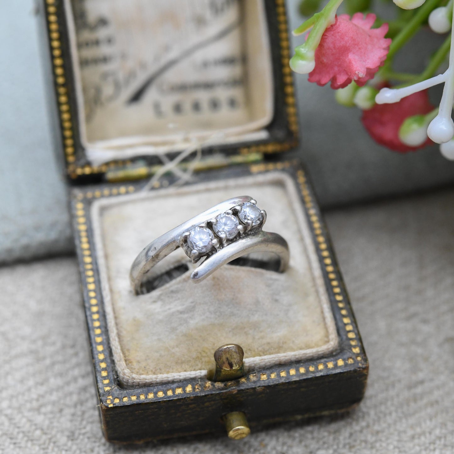 Vintage Sterling Silver CZ Bypass Three Stone Ring - Clear Gemstone Trilogy Ring | UK Size - L 1/2 | US Size - 6