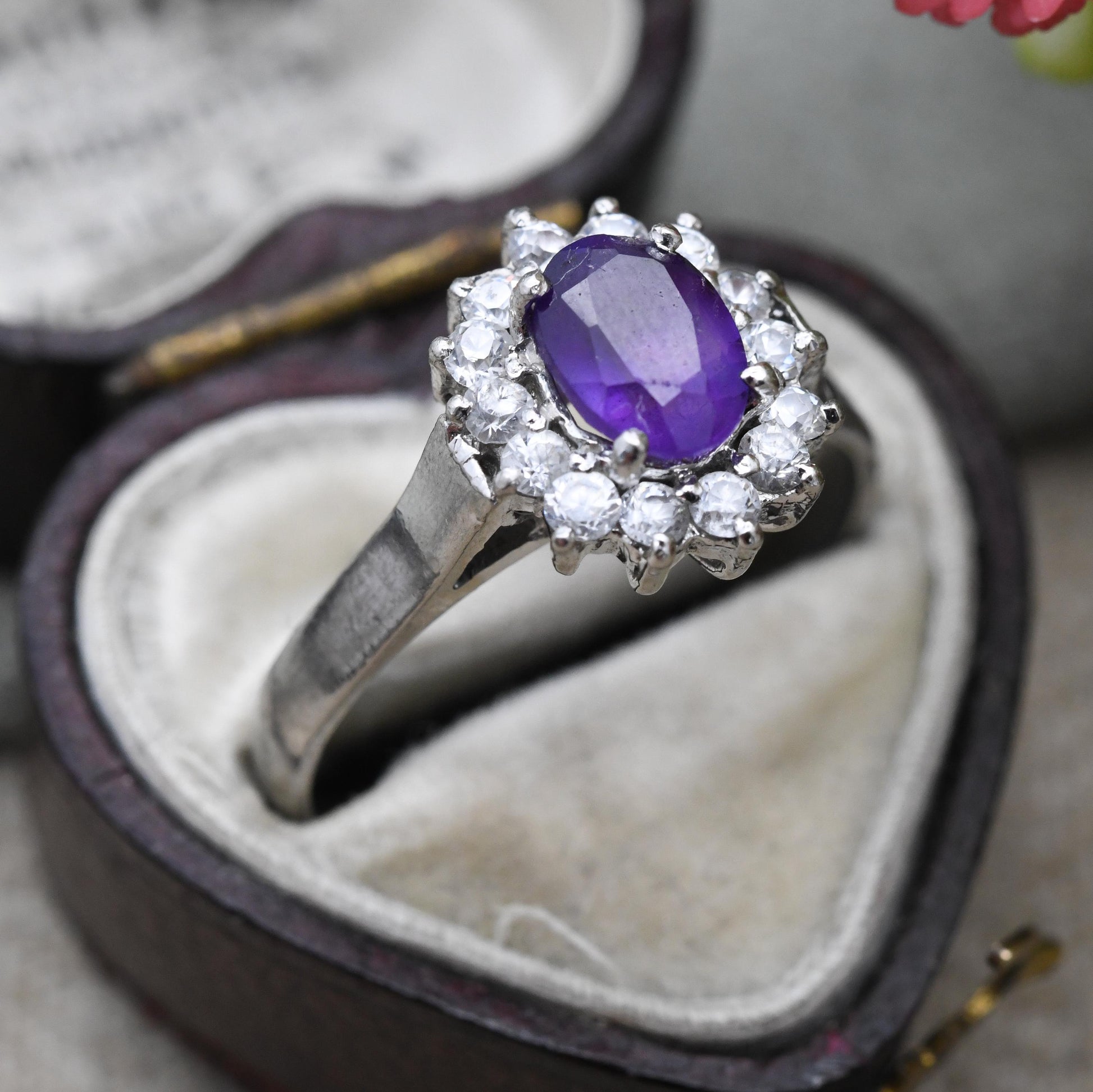 Vintage Sterling Silver Amethyst Halo Ring - Stunning Cocktail Ring with Clear Stones | Gift for Her | UK Size - Q 1/2 US | Size - 8 1/4