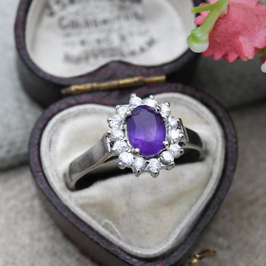Vintage Sterling Silver Amethyst Halo Ring - Stunning Cocktail Ring with Clear Stones | Gift for Her | UK Size - Q 1/2 US | Size - 8 1/4