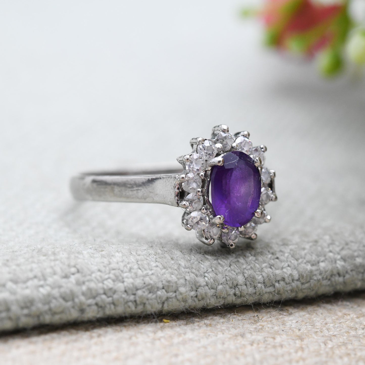 Vintage Sterling Silver Amethyst Halo Ring - Stunning Cocktail Ring with Clear Stones | Gift for Her | UK Size - Q 1/2 US | Size - 8 1/4
