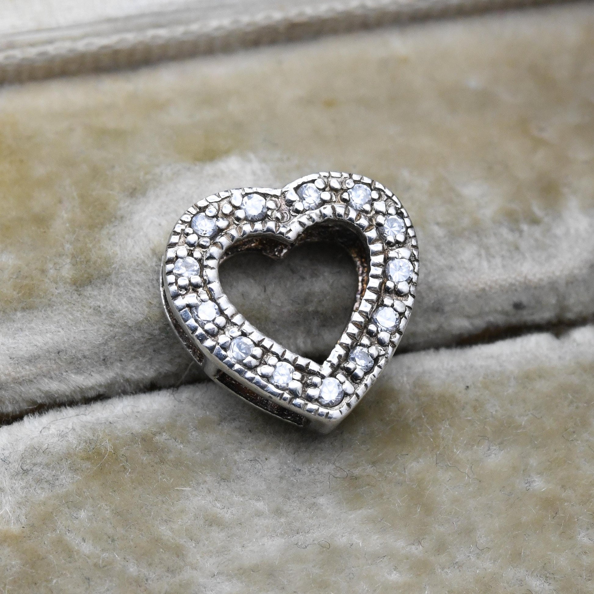 Vintage Sterling Silver and White Stone Heart Charm Pendant - Openwork Love Heart | Romantic Gift for Pendant Necklace Chain