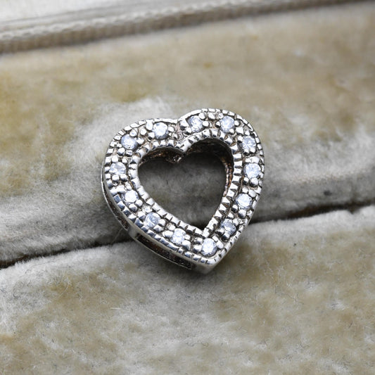 Vintage Sterling Silver and White Stone Heart Charm Pendant - Openwork Love Heart | Romantic Gift for Pendant Necklace Chain