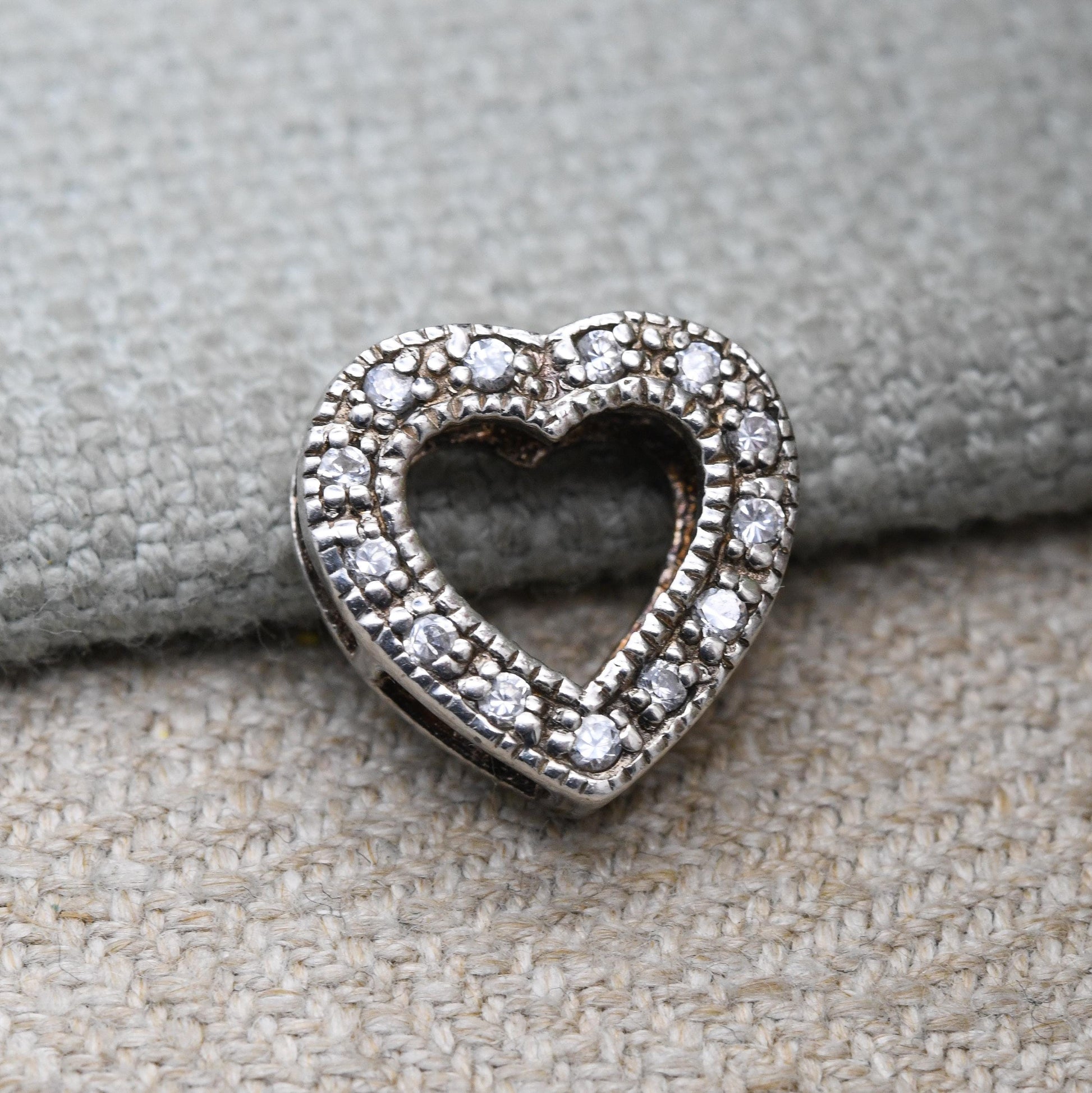 Vintage Sterling Silver and White Stone Heart Charm Pendant - Openwork Love Heart | Romantic Gift for Pendant Necklace Chain