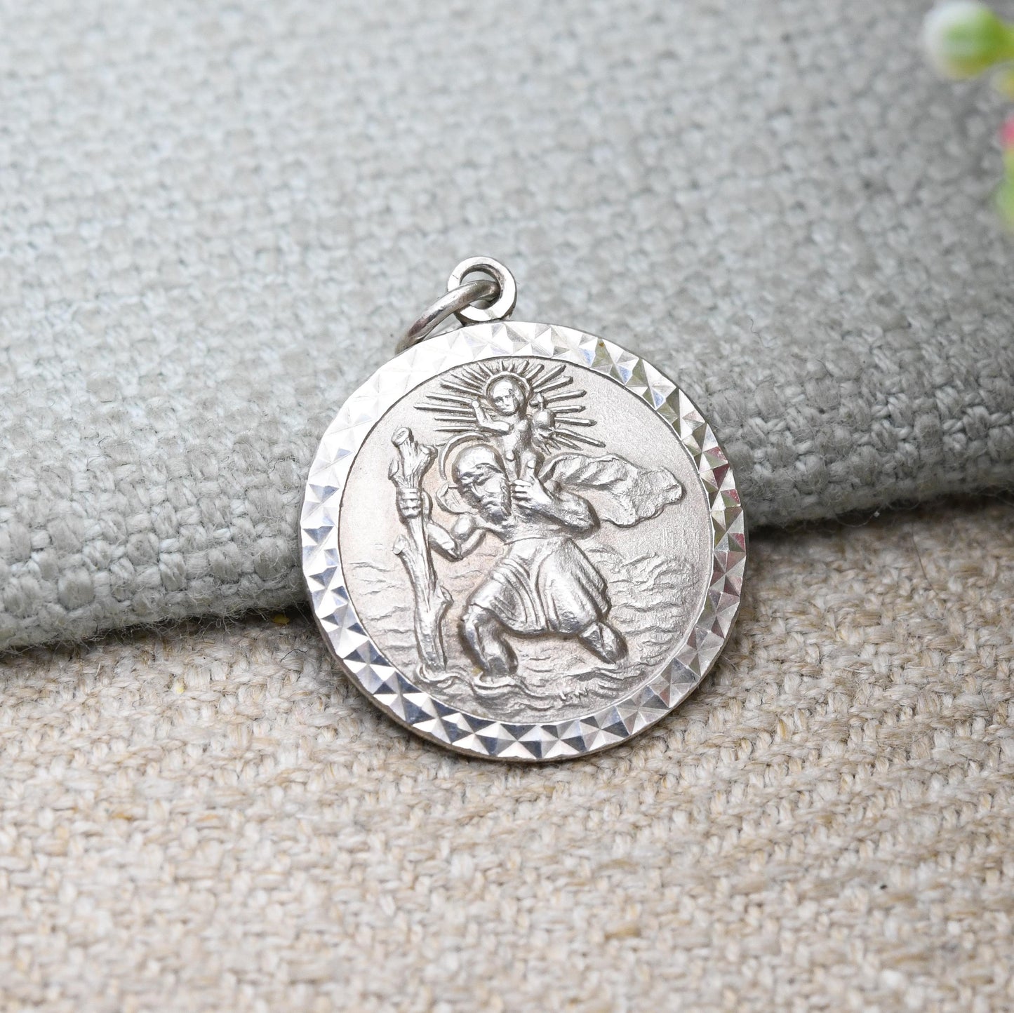 Vintage Sterling Silver St. Christopher Pendant - Embossed Relief | Geometric Circle Border | Saint of Travelling | Gift for Charm Bracelet