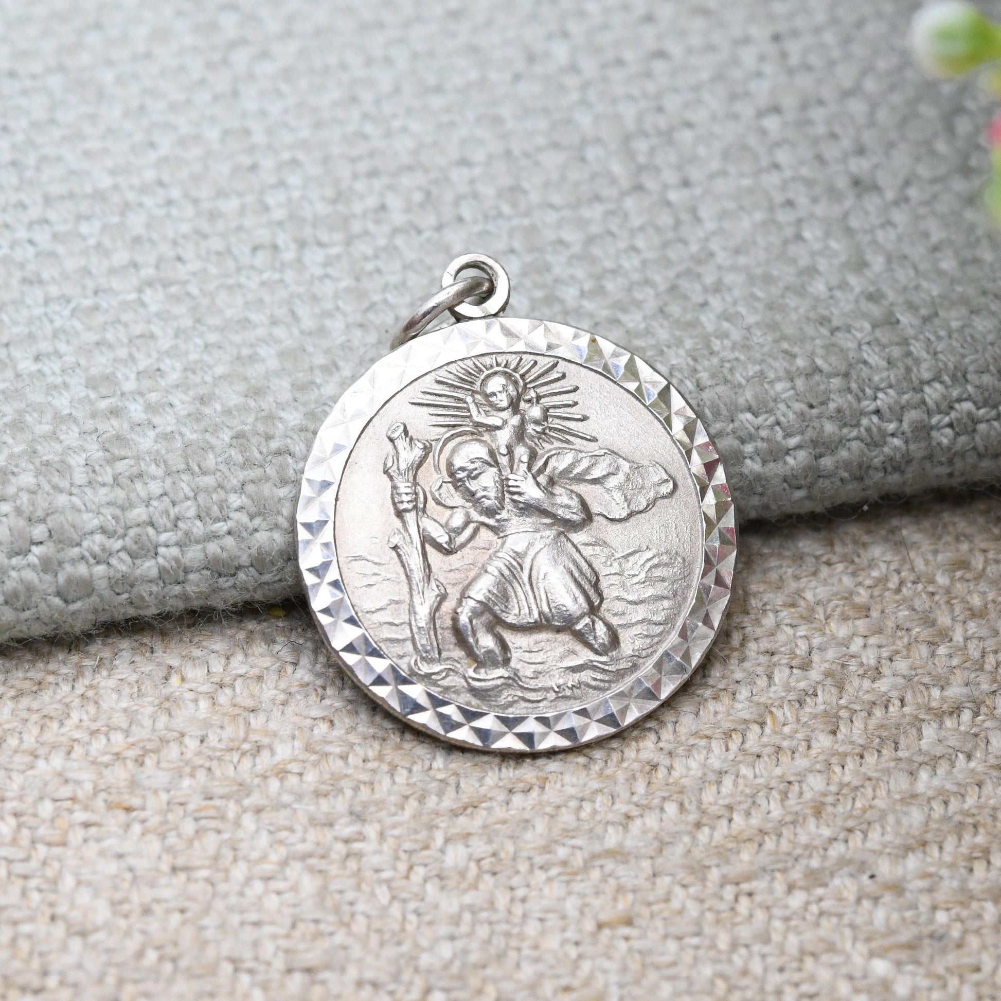 Vintage Sterling Silver St. Christopher Pendant - Embossed Relief | Geometric Circle Border | Saint of Travelling | Gift for Charm Bracelet
