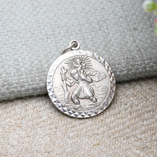 Vintage Sterling Silver St. Christopher Pendant - Embossed Relief | Geometric Circle Border | Saint of Travelling | Gift for Charm Bracelet