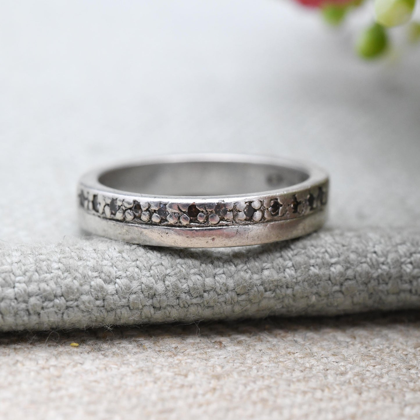 Vintage Sterling Silver Half Eternity Ring with Clear Stones - Minimal Y2K Design Flush Setting Band | UK Size - P | US Size - 7 1/2
