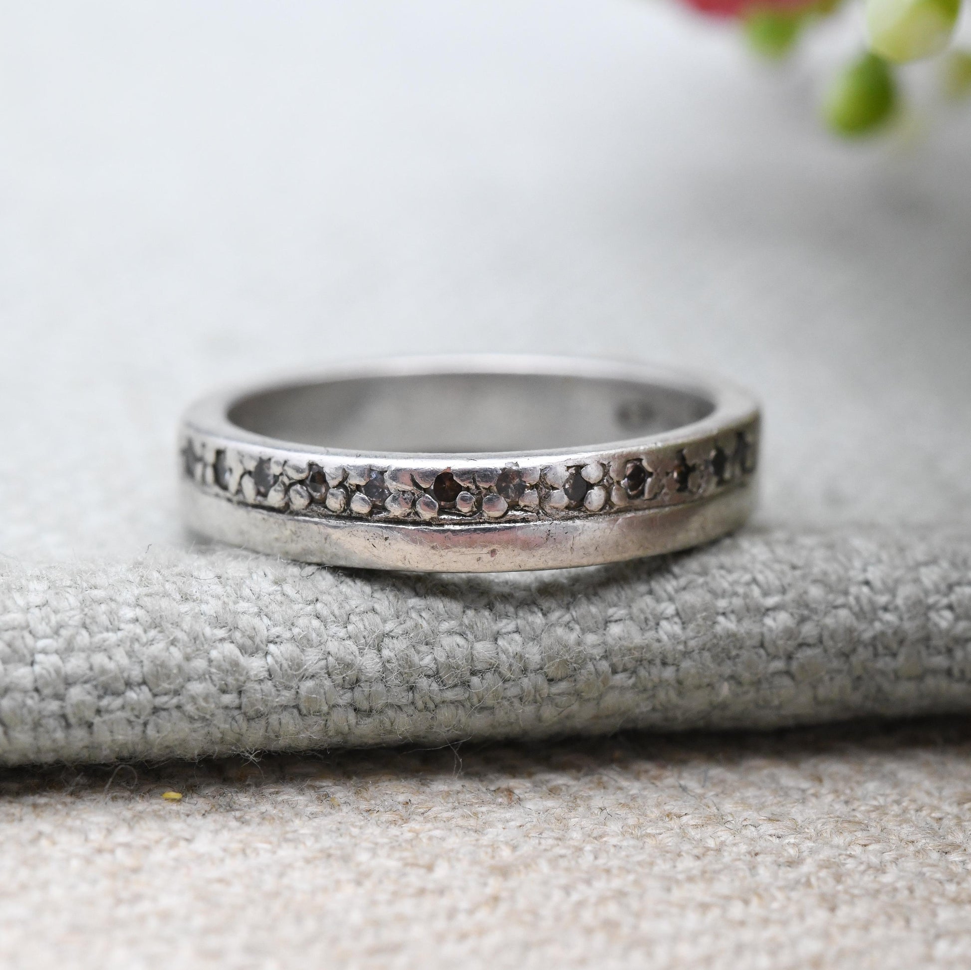 Vintage Sterling Silver Half Eternity Ring with Clear Stones - Minimal Y2K Design Flush Setting Band | UK Size - P | US Size - 7 1/2