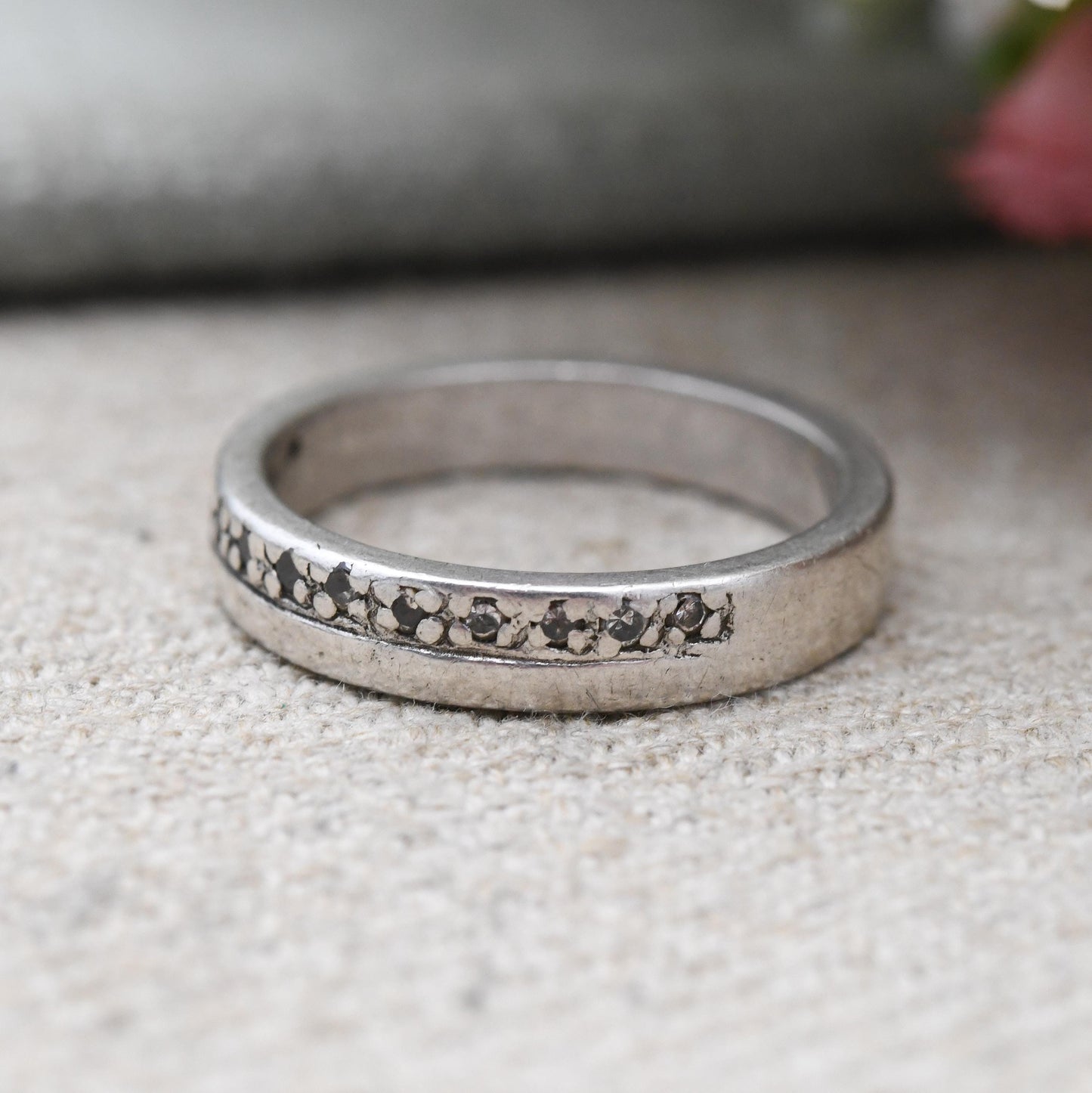 Vintage Sterling Silver Half Eternity Ring with Clear Stones - Minimal Y2K Design Flush Setting Band | UK Size - P | US Size - 7 1/2