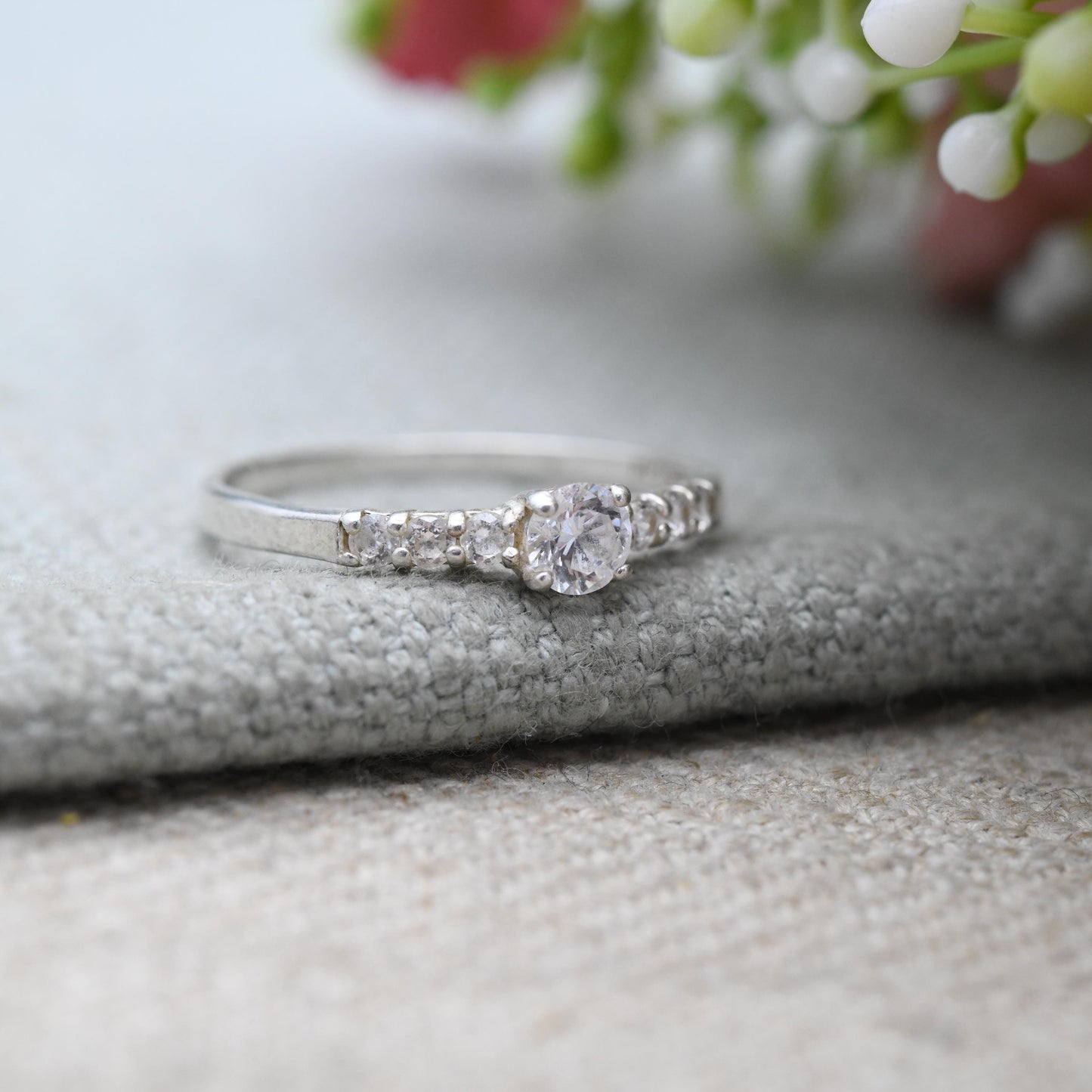 SIX Sterling Silver Solitaire with Side Stones Ring - Clear Stone Cocktail Ring with Sparkly Stones | UK Size - O 1/2 US Size - 7 1/4