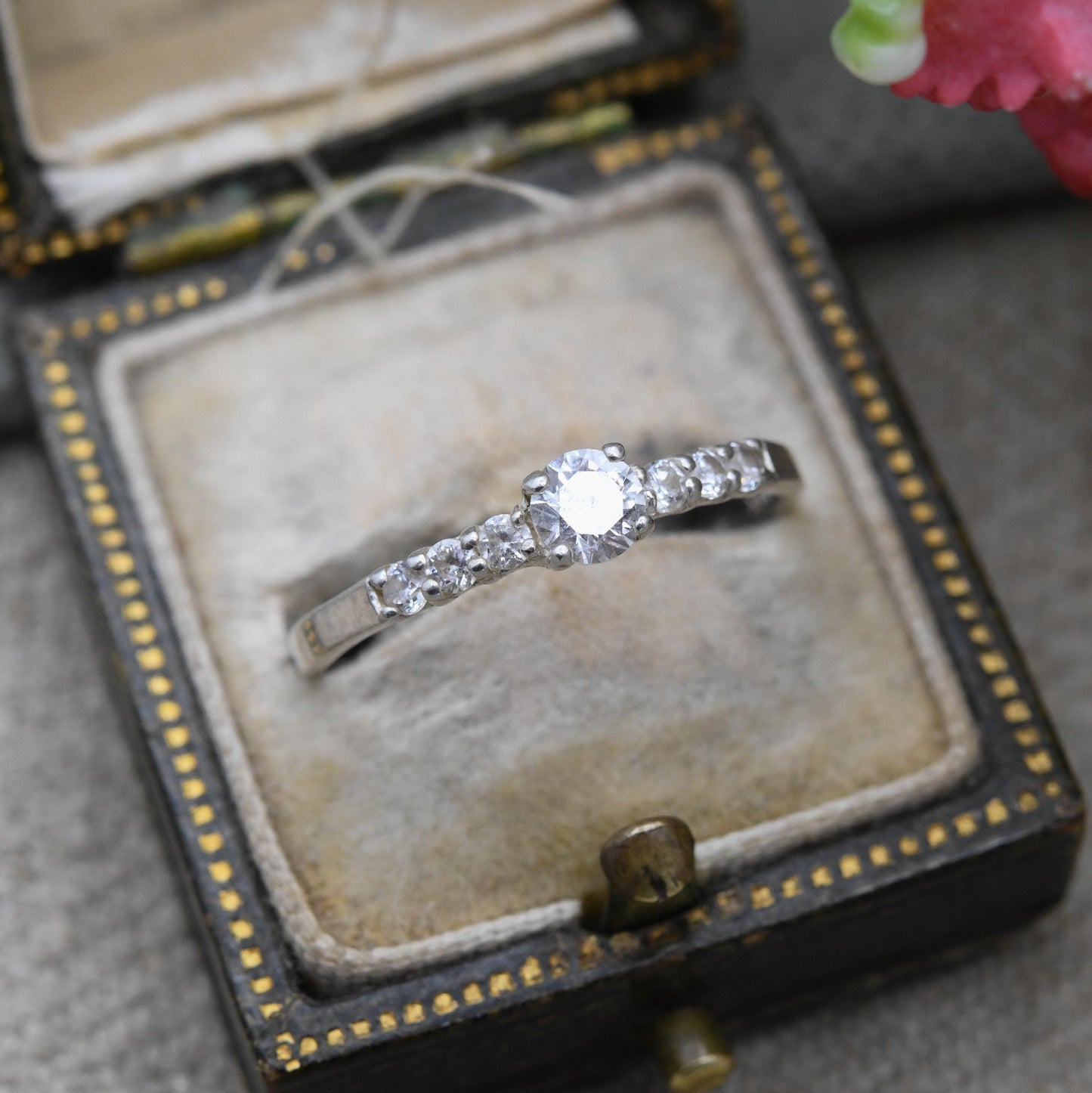 SIX Sterling Silver Solitaire with Side Stones Ring - Clear Stone Cocktail Ring with Sparkly Stones | UK Size - O 1/2 US Size - 7 1/4