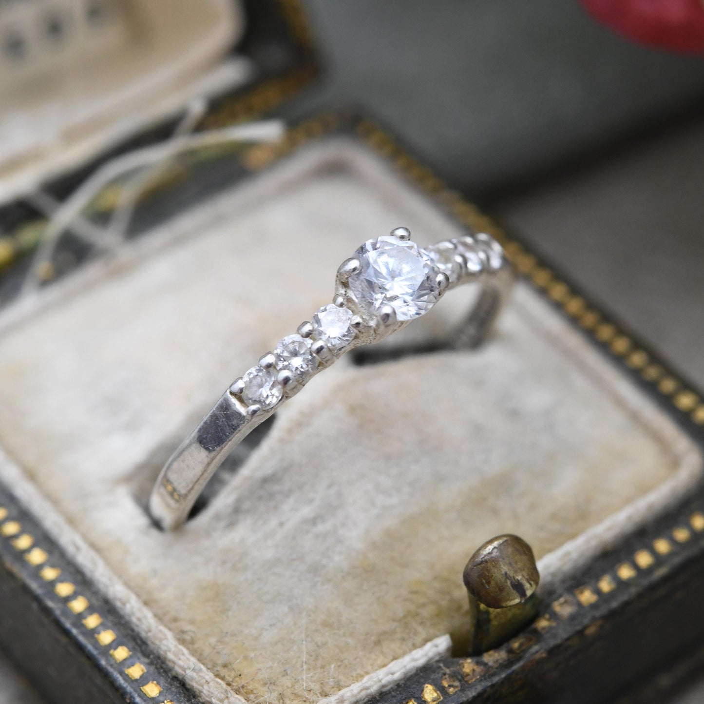 SIX Sterling Silver Solitaire with Side Stones Ring - Clear Stone Cocktail Ring with Sparkly Stones | UK Size - O 1/2 US Size - 7 1/4