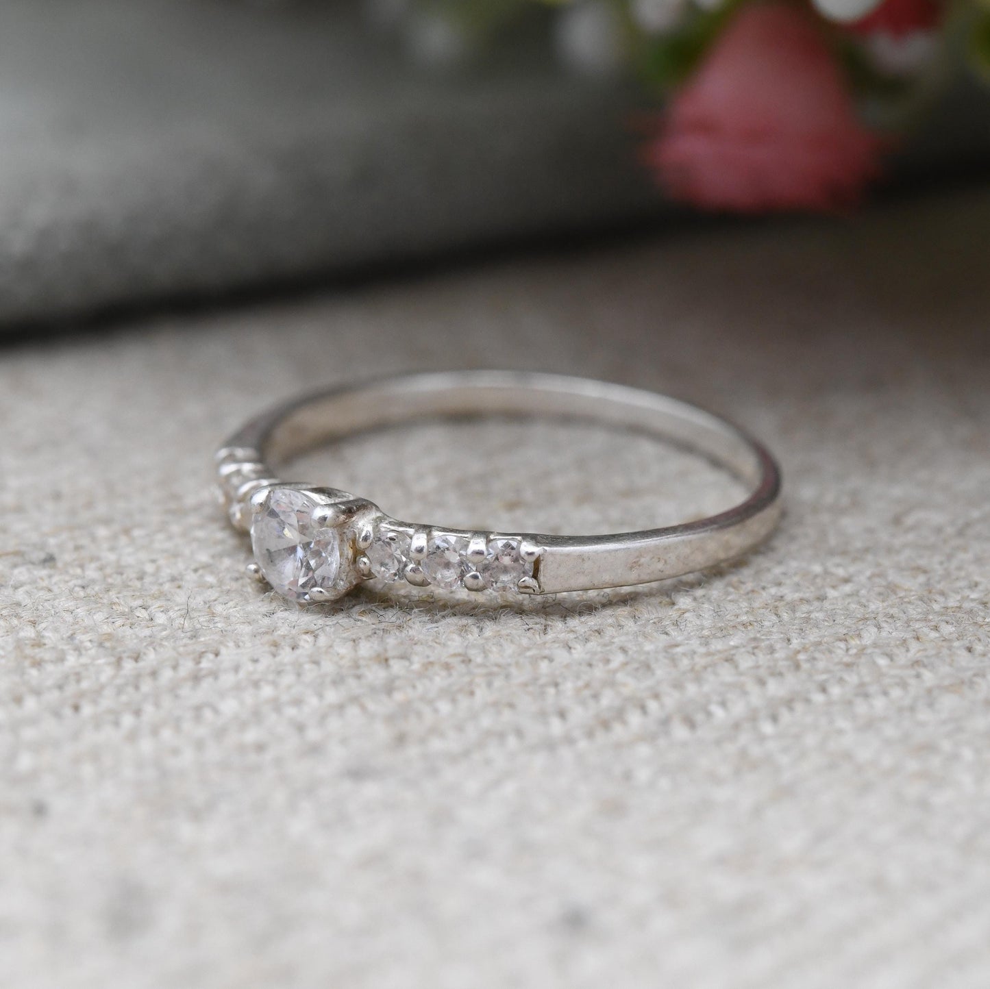 SIX Sterling Silver Solitaire with Side Stones Ring - Clear Stone Cocktail Ring with Sparkly Stones | UK Size - O 1/2 US Size - 7 1/4