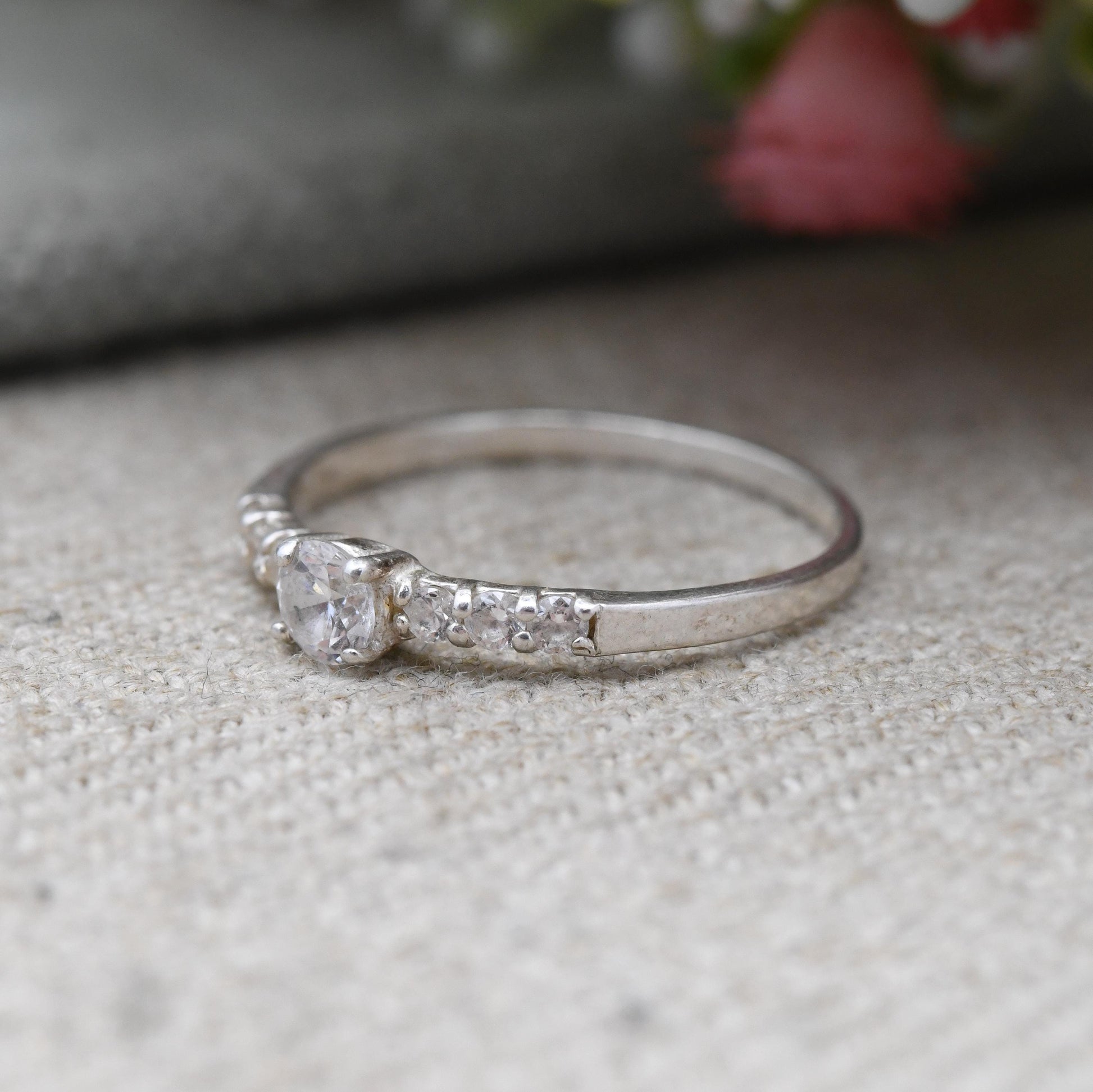SIX Sterling Silver Solitaire with Side Stones Ring - Clear Stone Cocktail Ring with Sparkly Stones | UK Size - O 1/2 US Size - 7 1/4