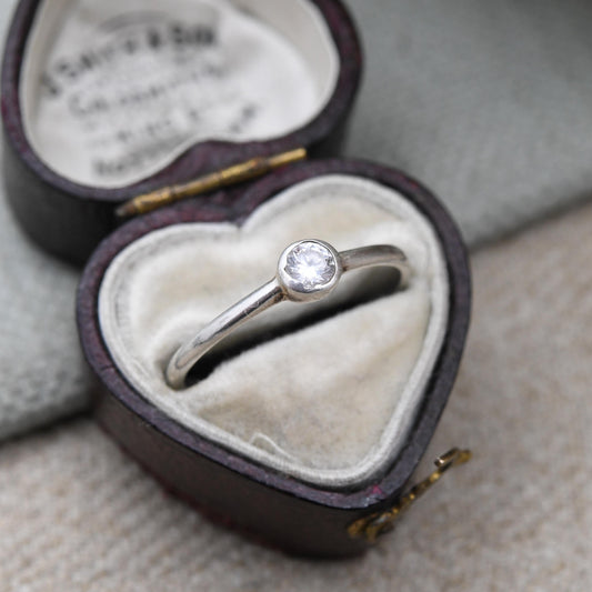 SIX Sterling Silver Clear Stone Solitaire Ring - Circular White Stone | Bezel | UK Size - P 1/2 | US Size - 7 3/4