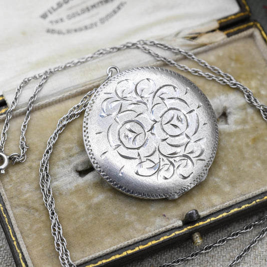 Vintage Sterling Silver Locket Pendant with Flower Engraving and Prince of Wales Chain 1976 - Large Circle Floral Decoration | Gift for Her