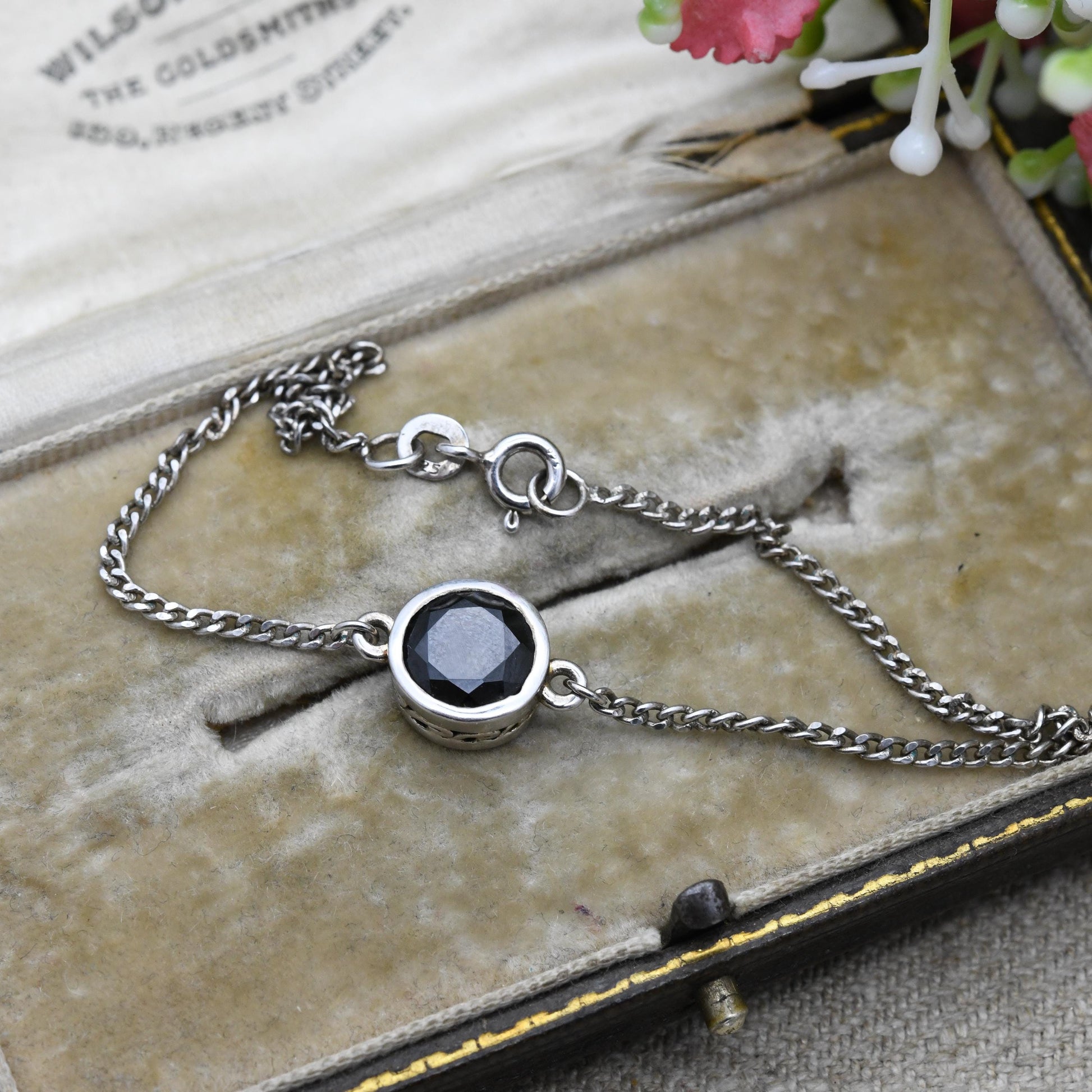 Vintage Sterling Silver Black Stone Pendant and Chain Bracelet - Faceted Black Gemstone Flat Curb Links | Beautiful Bracelet for Her
