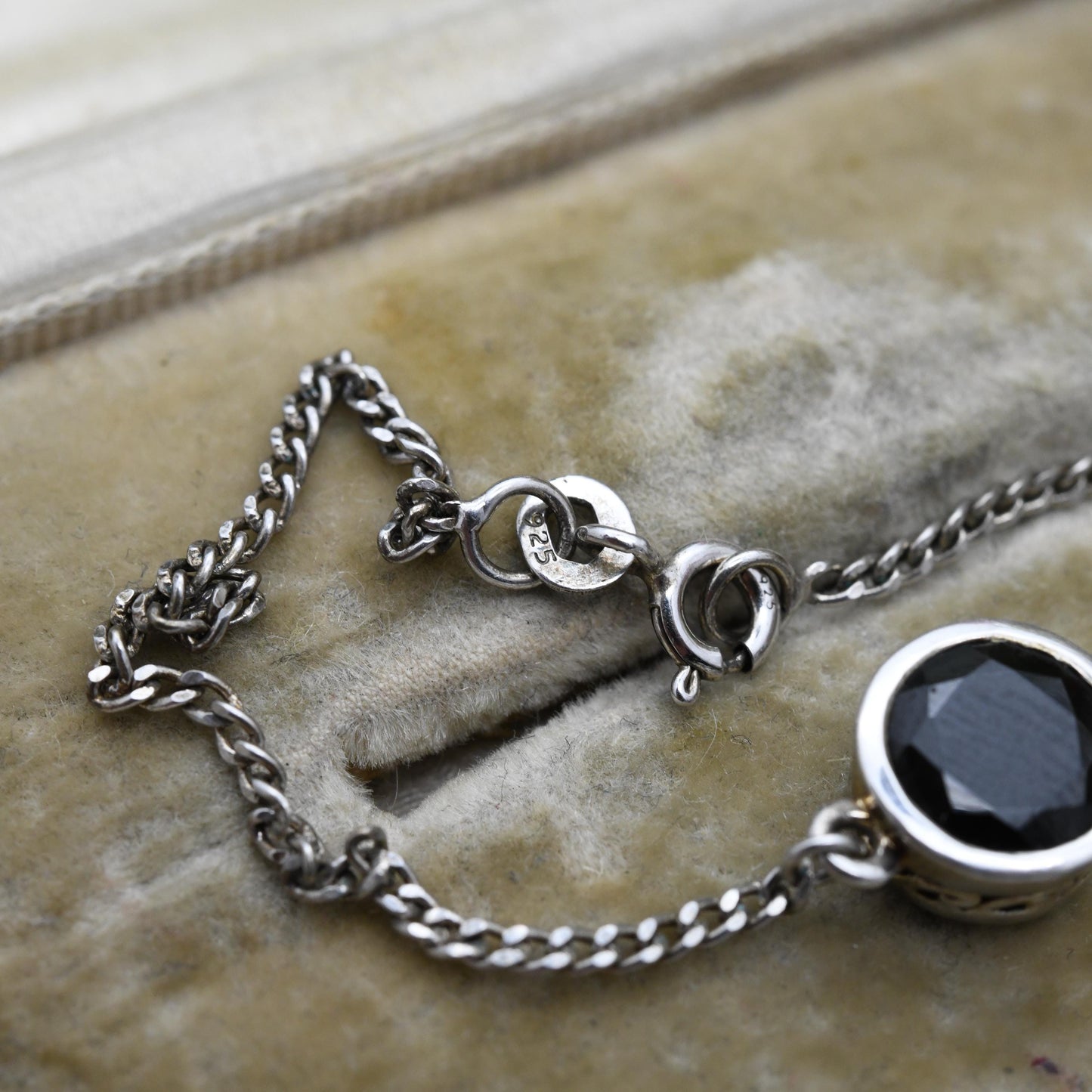 Vintage Sterling Silver Black Stone Pendant and Chain Bracelet - Faceted Black Gemstone Flat Curb Links | Beautiful Bracelet for Her