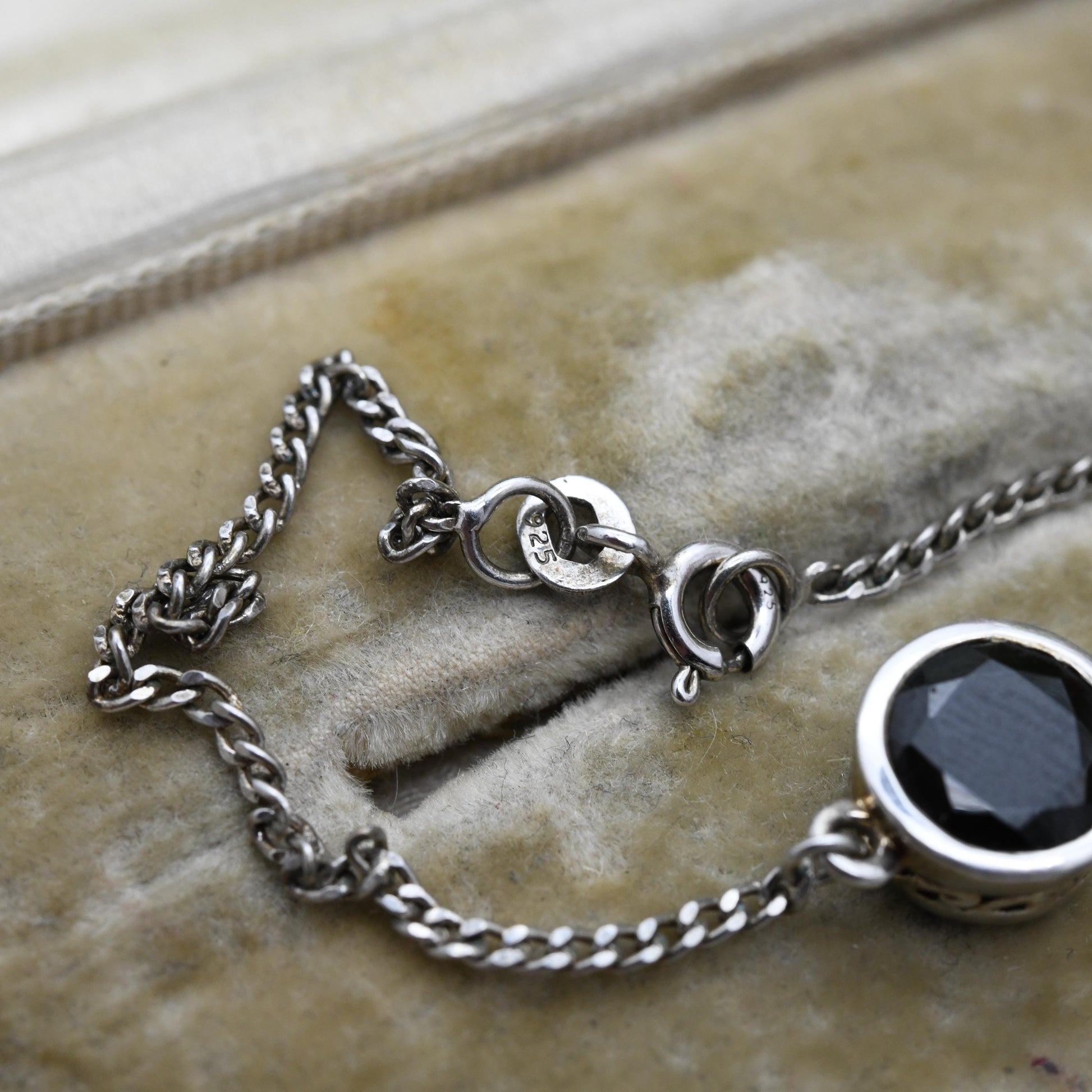 Vintage Sterling Silver Black Stone Pendant and Chain Bracelet - Faceted Black Gemstone Flat Curb Links | Beautiful Bracelet for Her