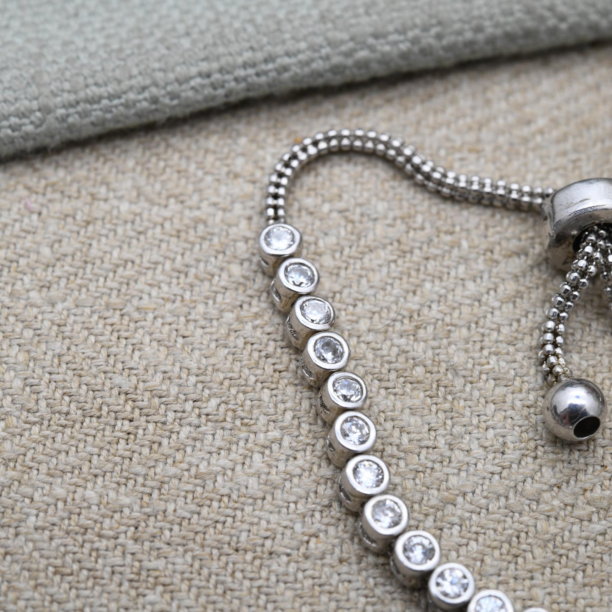 Vintage Sterling Silver White Stone Adjustable Tennis Chain Bracelet - Bezel Clear Stone Setting | Beautiful Bracelet