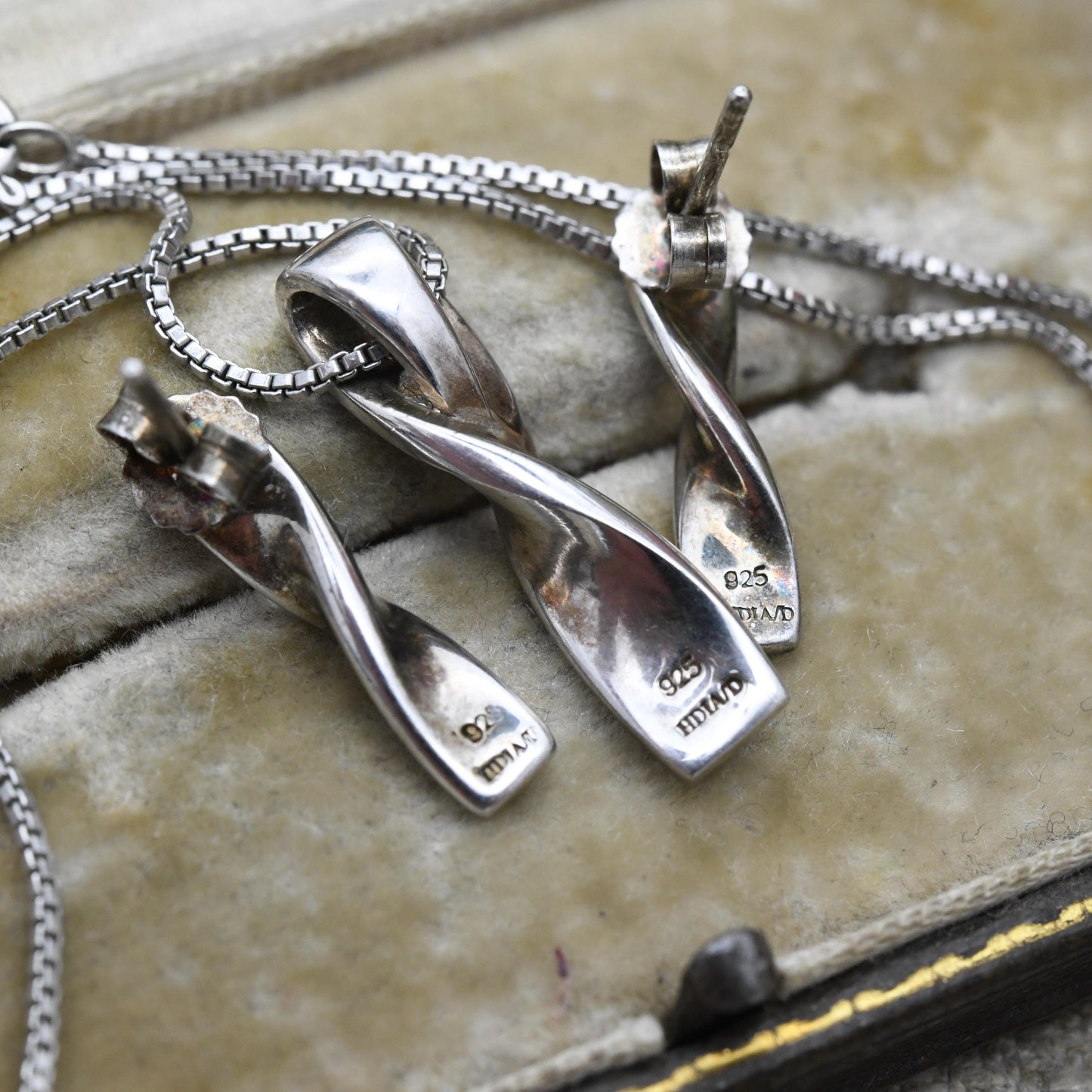 Sterling Silver Diamond Minimalist Necklace and Drop Earrings Set - Twisted Shape Flush White Stone | Gift for Her