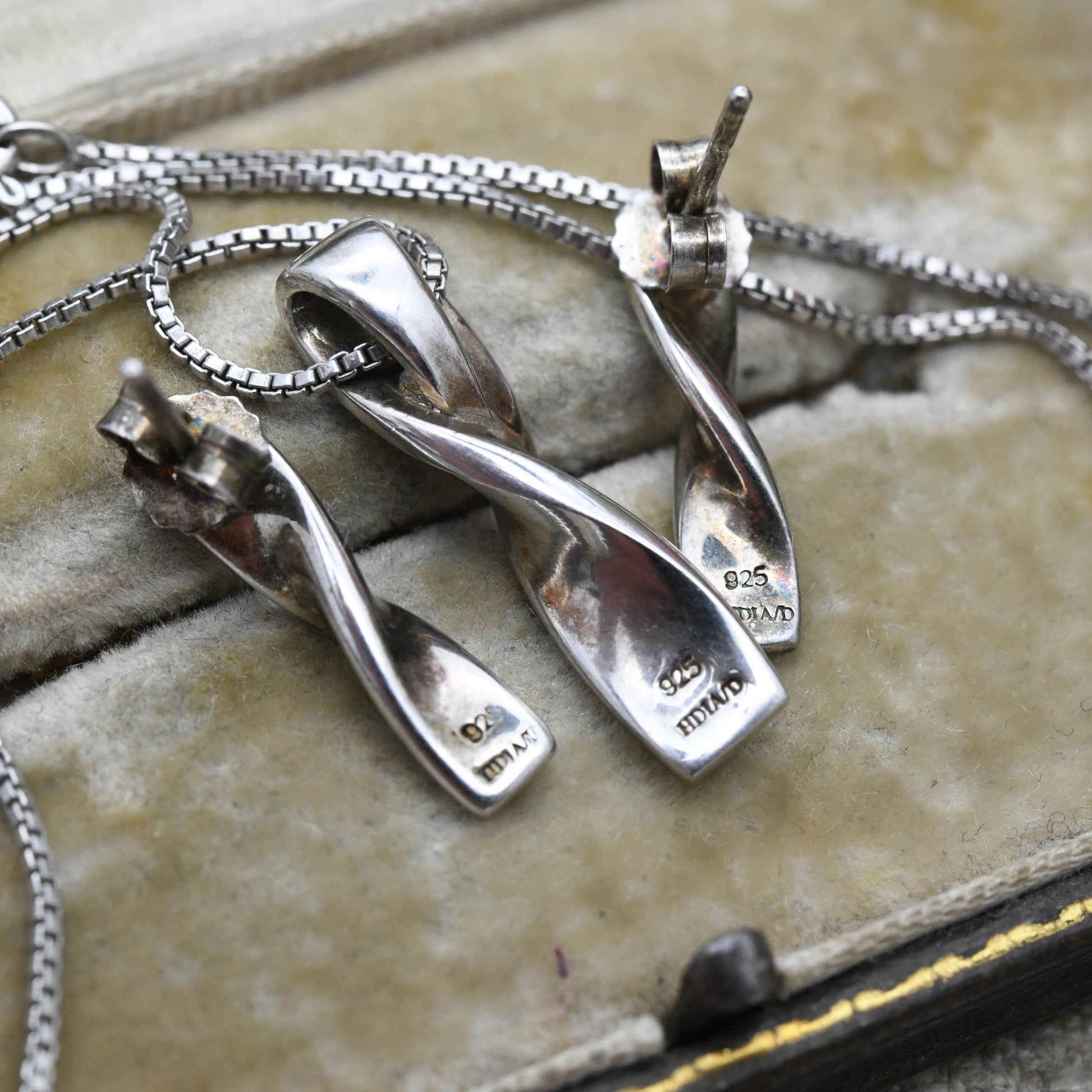 Sterling Silver Diamond Minimalist Necklace and Drop Earrings Set - Twisted Shape Flush White Stone | Gift for Her