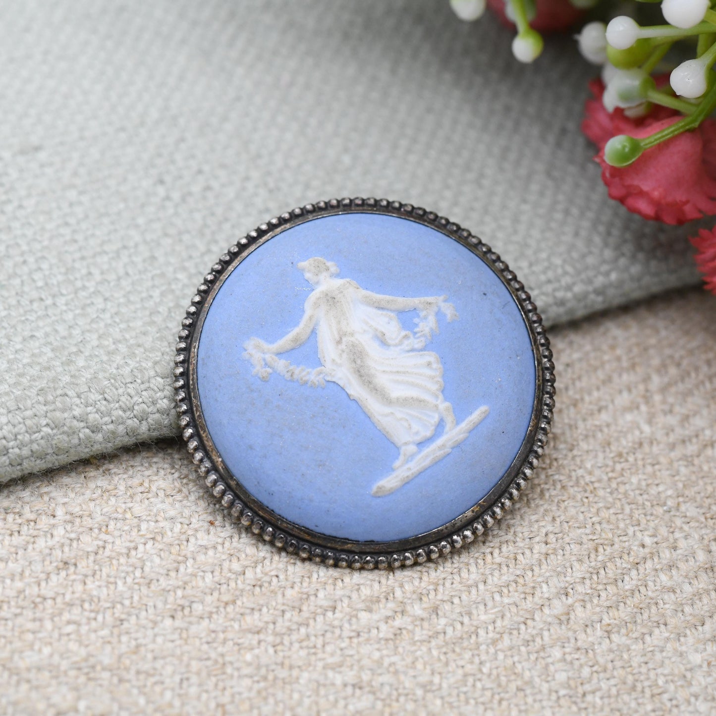 Vintage Wedgwood Sterling Silver Circular Classical Goddess Cameo Brooch 1960s - Pale Blue Jasperware | Gift for Her