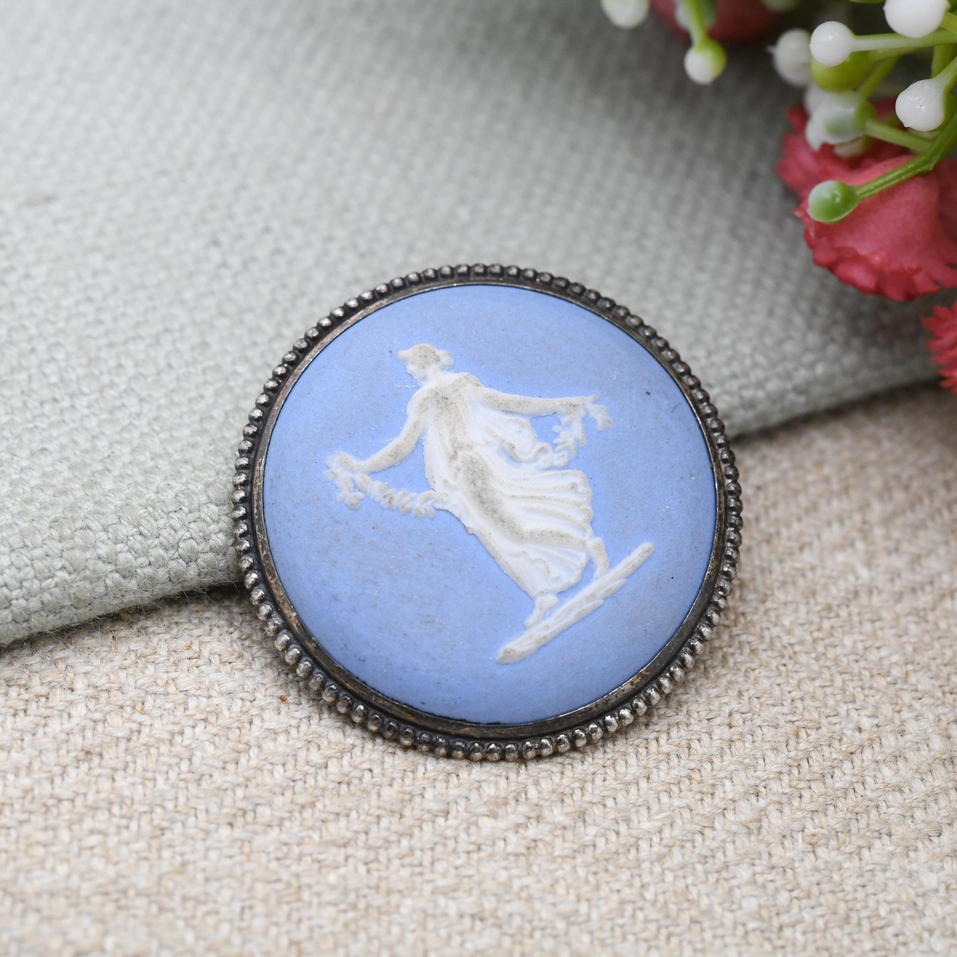 Vintage Wedgwood Sterling Silver Circular Classical Goddess Cameo Brooch 1960s - Pale Blue Jasperware | Gift for Her