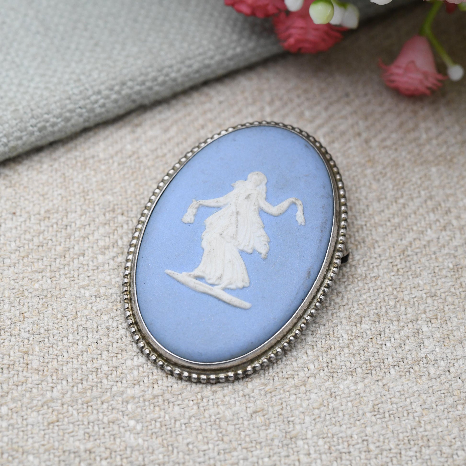 Vintage Wedgwood Sterling Silver Classical Goddess Cameo Brooch 1960s - Pale Blue Jasperware | Gift for Her