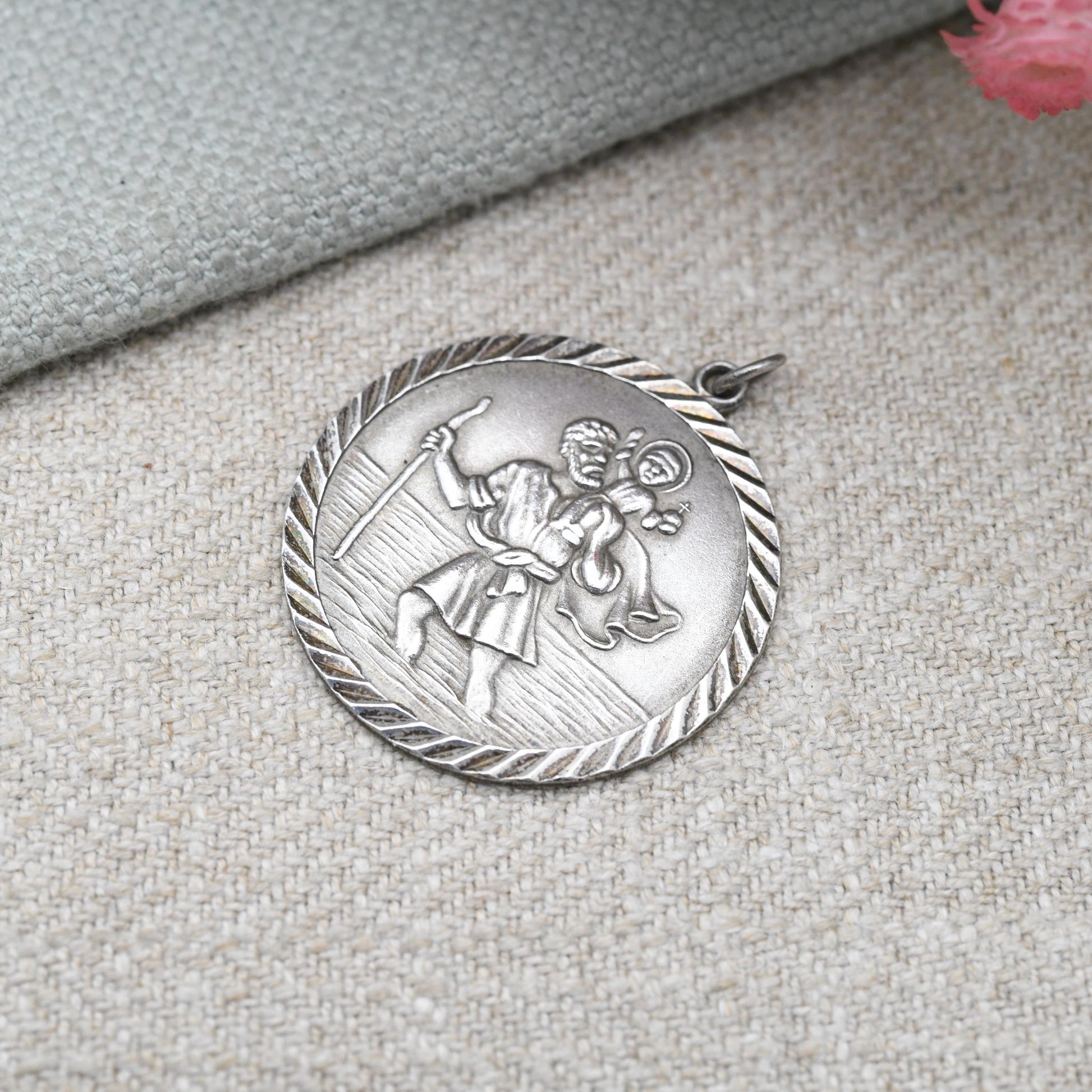 Vintage Sterling Silver St. Christopher Pendant - Large Circle Saint of Travelling | Christian Religious Jewellery | Detailed 3D Image