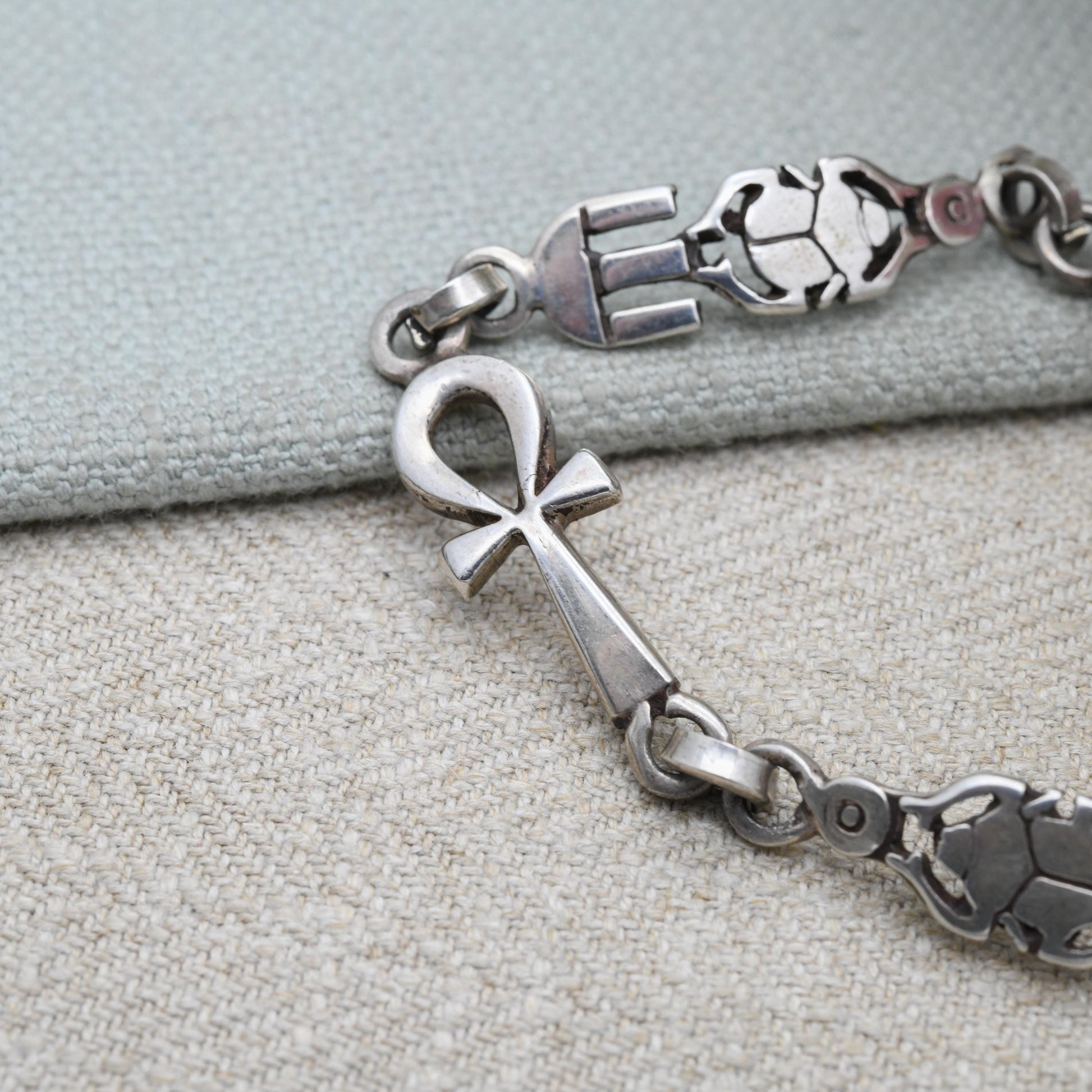 Vintage Egyptian 800 Silver Panel Bracelet - Souvenir Scarab Beetle and Ankh | Box Clasp and Safety Chain