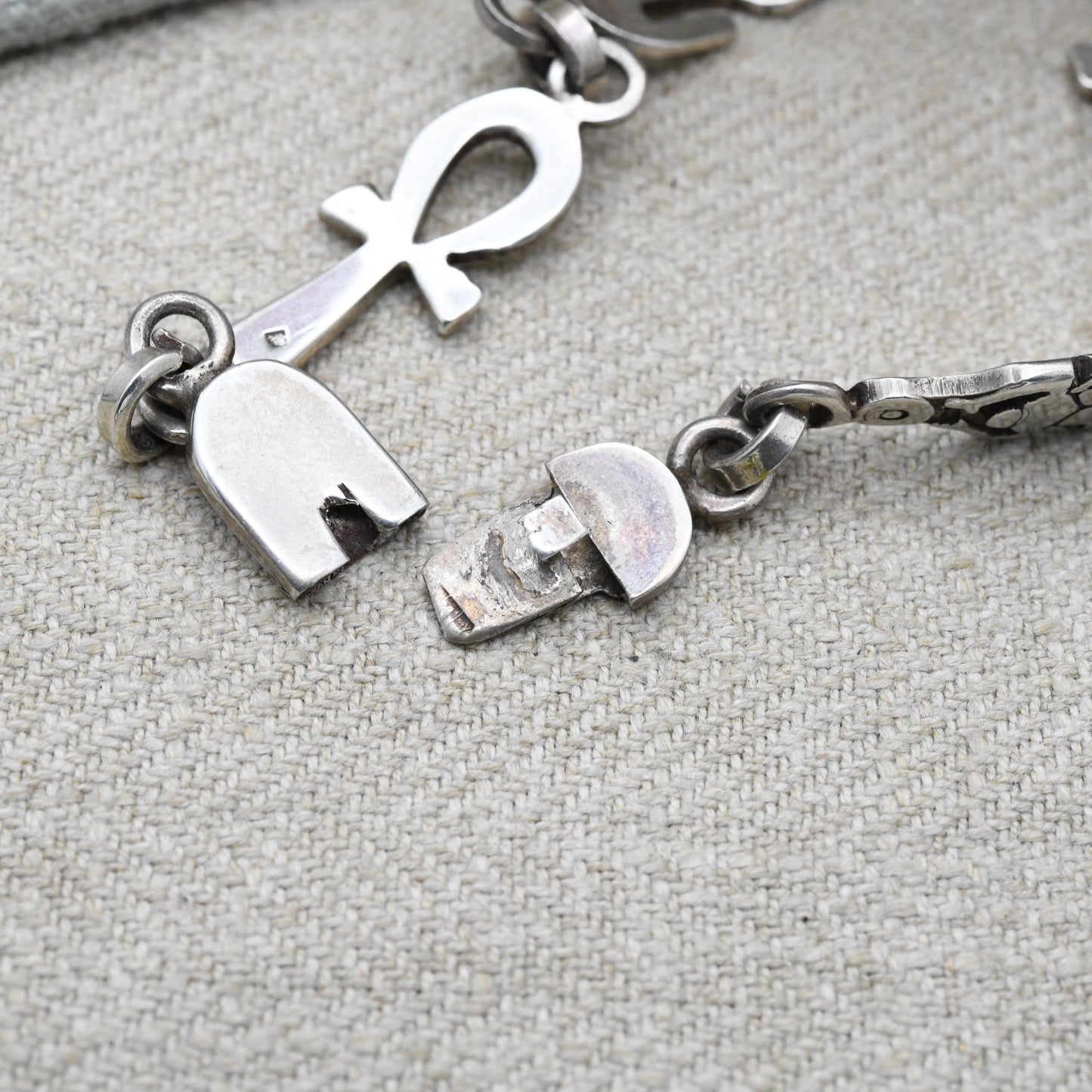 Vintage Egyptian 800 Silver Panel Bracelet - Souvenir Scarab Beetle and Ankh | Box Clasp and Safety Chain