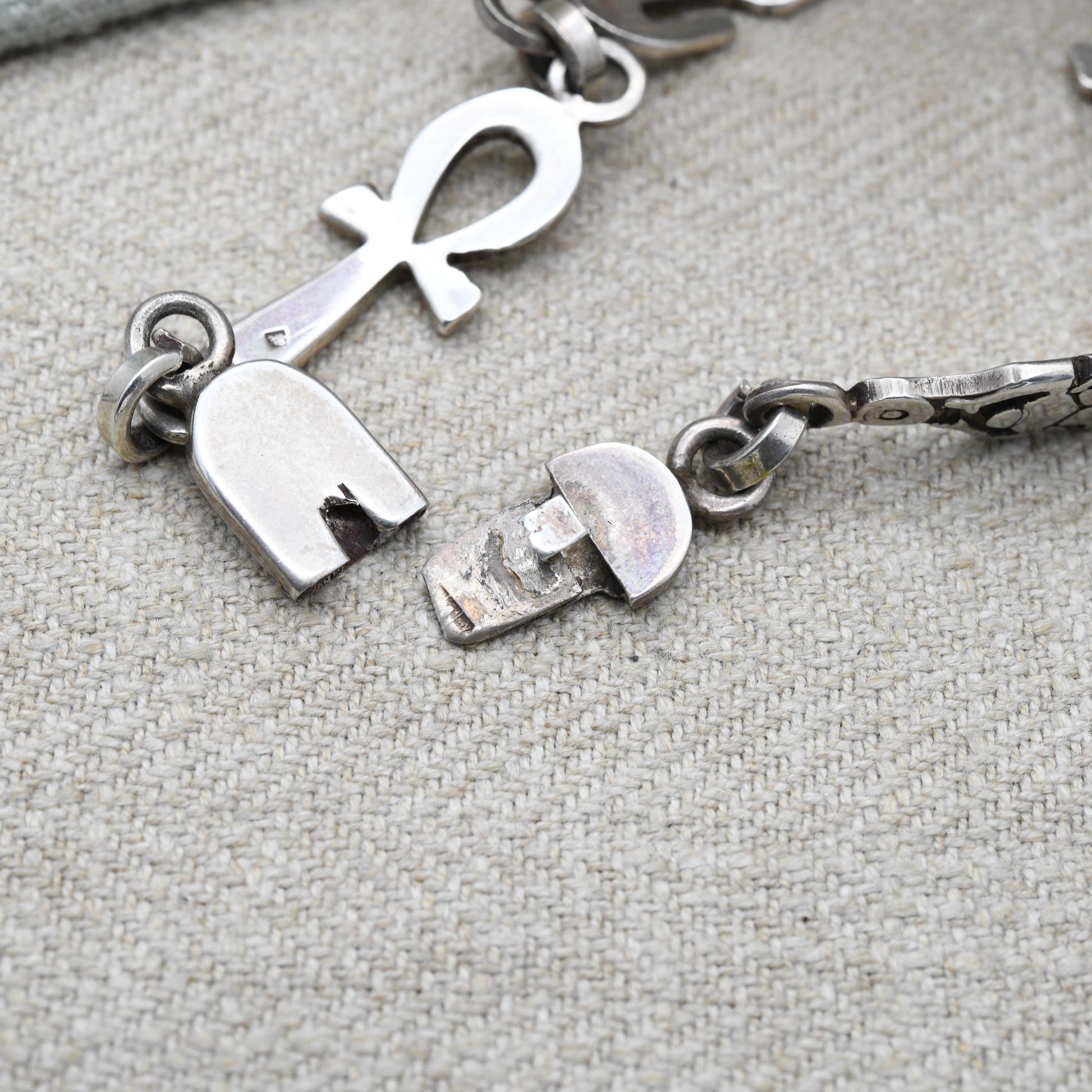 Vintage Egyptian 800 Silver Panel Bracelet - Souvenir Scarab Beetle and Ankh | Box Clasp and Safety Chain