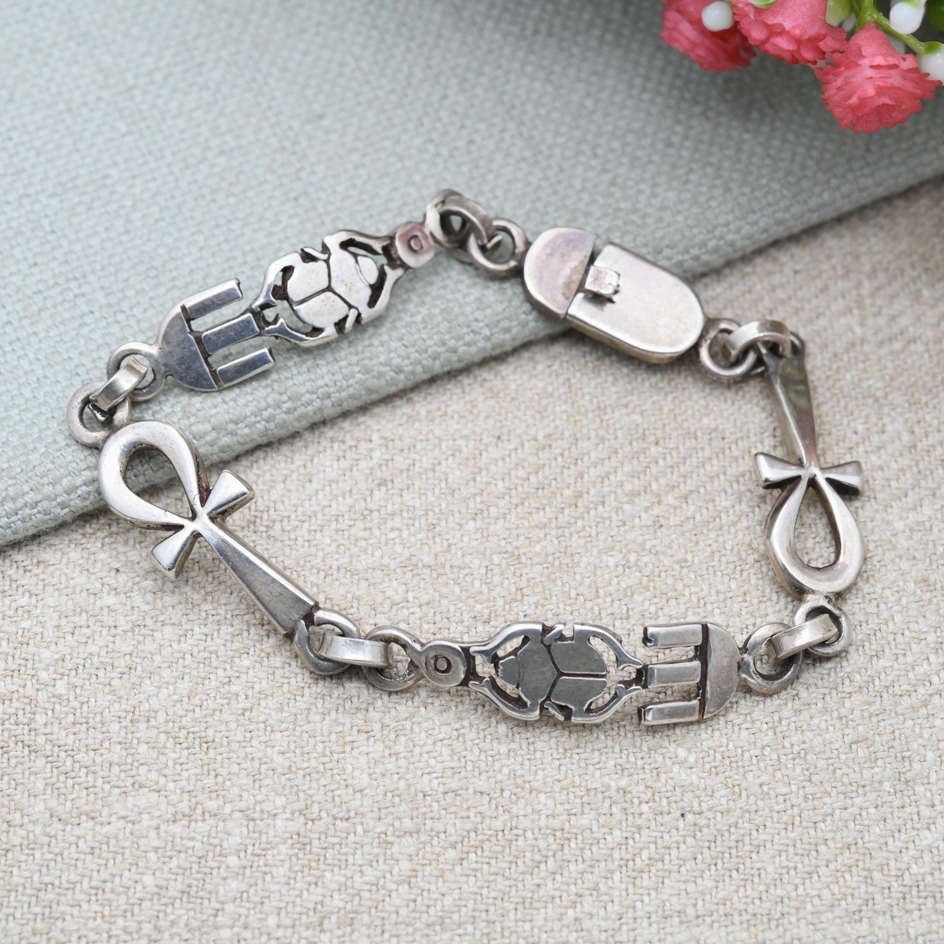 Vintage Egyptian 800 Silver Panel Bracelet - Souvenir Scarab Beetle and Ankh | Box Clasp and Safety Chain