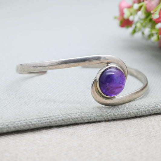 Vintage Sterling Silver Amethyst Open Bangle Bracelet - Twist Design | Gift for Her