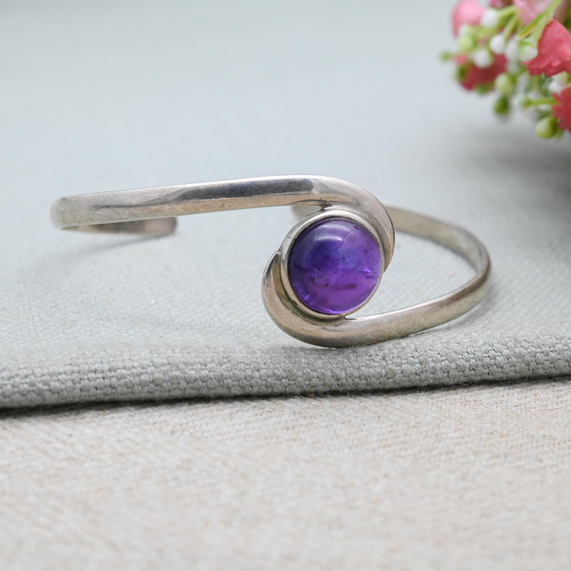 Vintage Sterling Silver Amethyst Open Bangle Bracelet - Twist Design | Gift for Her