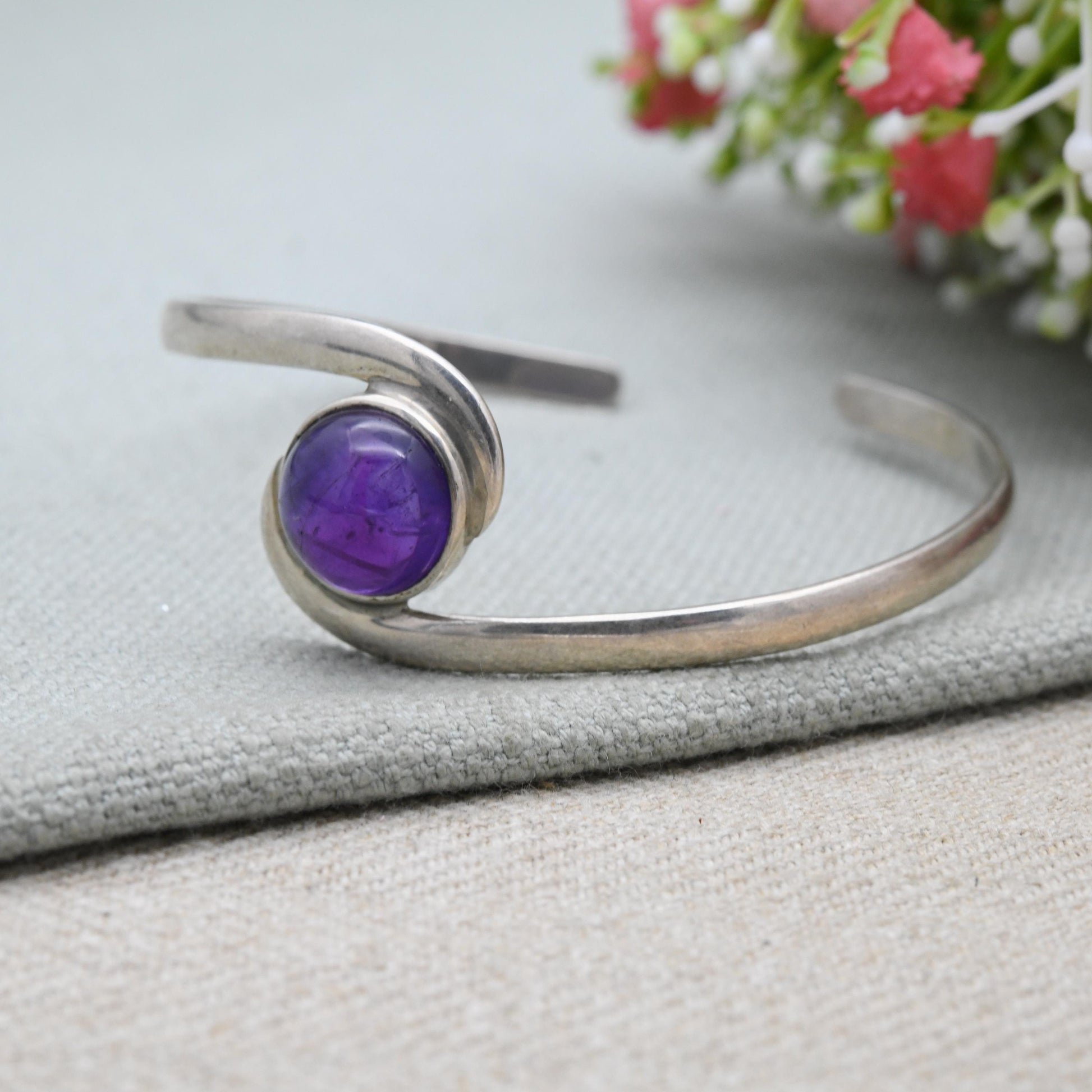 Vintage Sterling Silver Amethyst Open Bangle Bracelet - Twist Design | Gift for Her