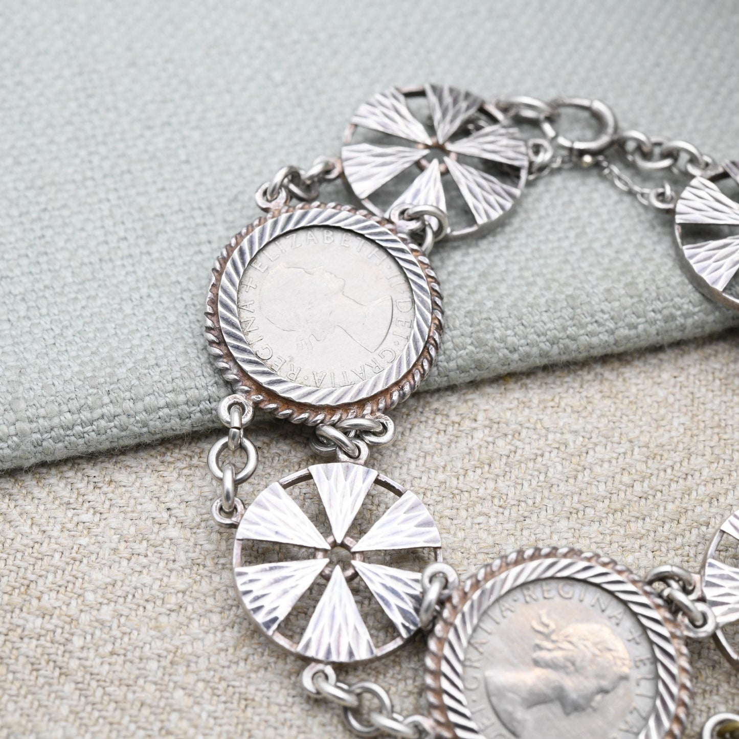 Vintage Sterling Silver Sixpence Coin and Textured Circular Disk Bracelet - Elizabeth II 1960s | Silver Coin Jewellery | Spring Ring Clasp
