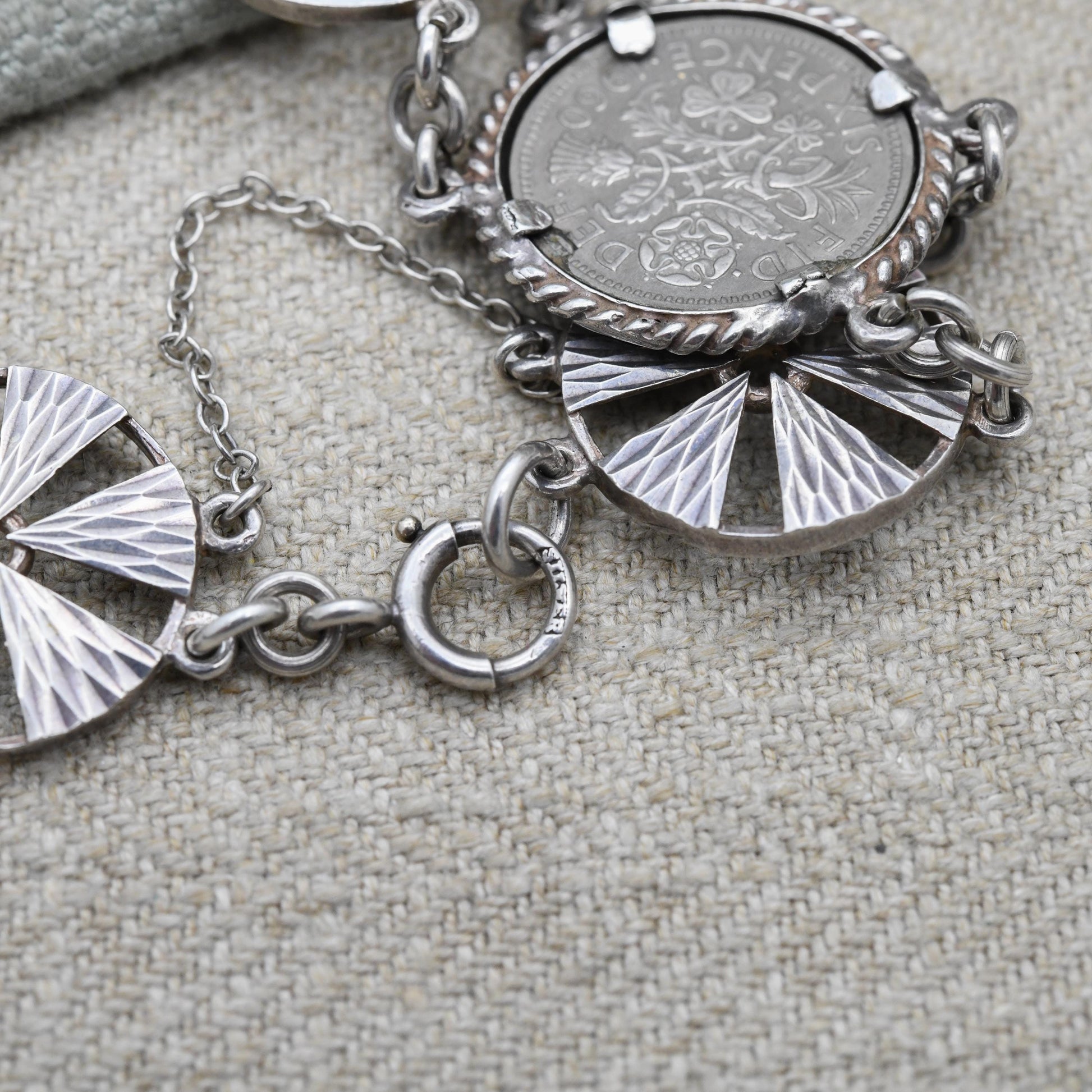 Vintage Sterling Silver Sixpence Coin and Textured Circular Disk Bracelet - Elizabeth II 1960s | Silver Coin Jewellery | Spring Ring Clasp