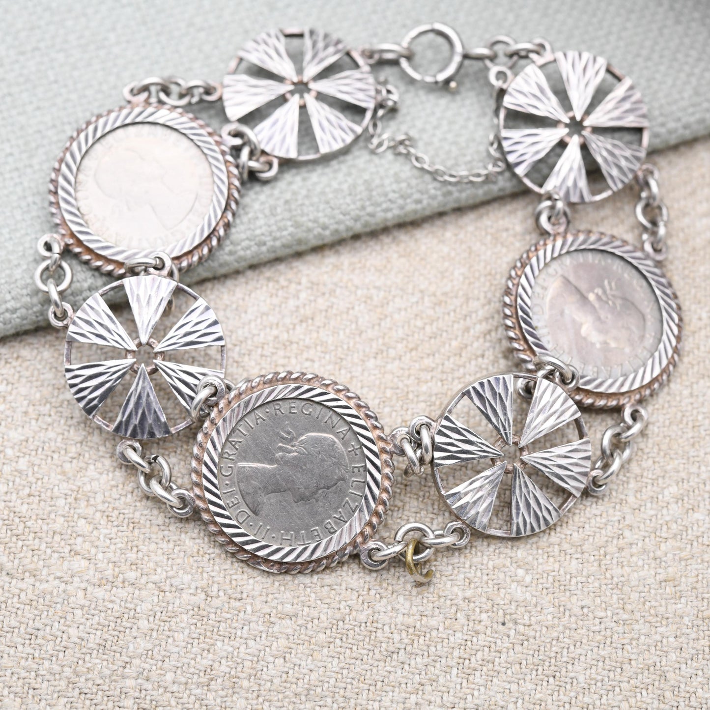 Vintage Sterling Silver Sixpence Coin and Textured Circular Disk Bracelet - Elizabeth II 1960s | Silver Coin Jewellery | Spring Ring Clasp