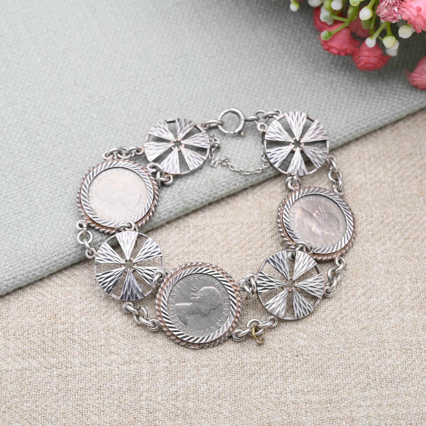 Vintage Sterling Silver Sixpence Coin and Textured Circular Disk Bracelet - Elizabeth II 1960s | Silver Coin Jewellery | Spring Ring Clasp