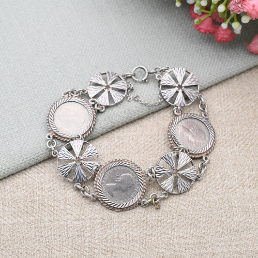 Vintage Sterling Silver Sixpence Coin and Textured Circular Disk Bracelet - Elizabeth II 1960s | Silver Coin Jewellery | Spring Ring Clasp