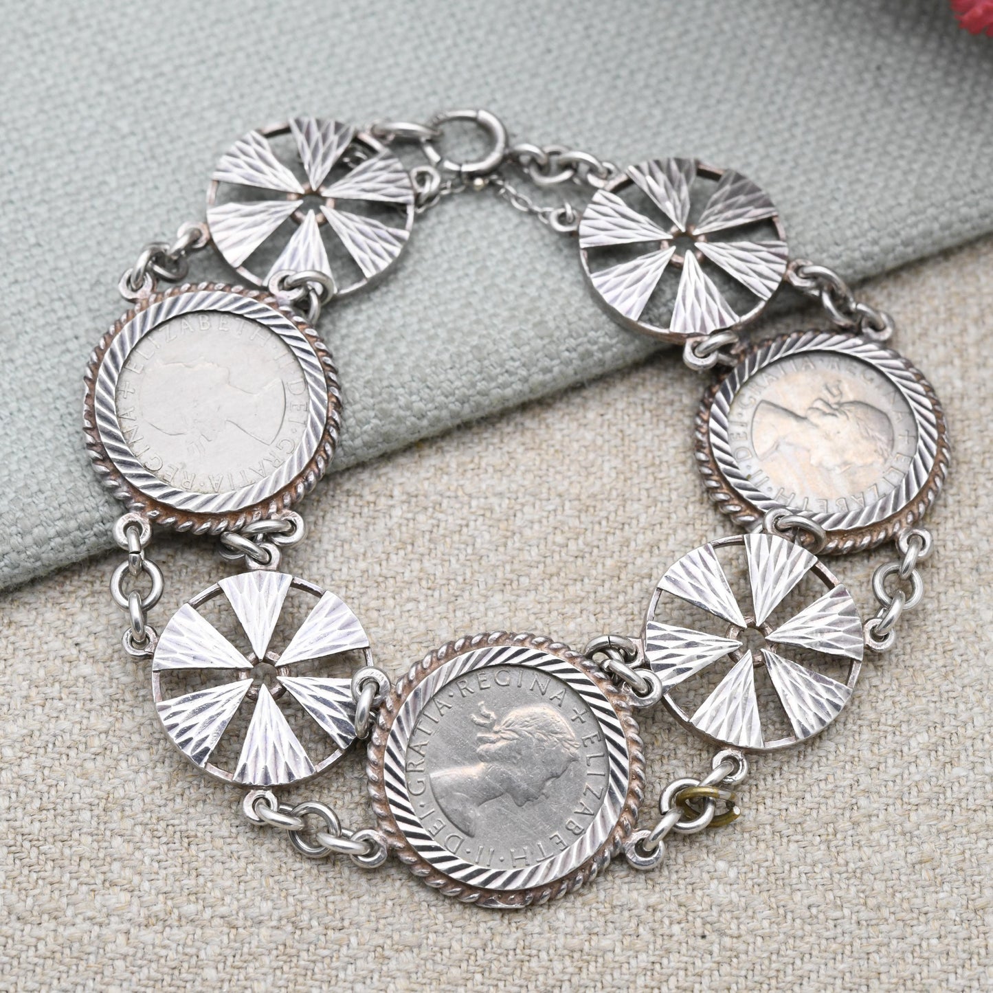Vintage Sterling Silver Sixpence Coin and Textured Circular Disk Bracelet - Elizabeth II 1960s | Silver Coin Jewellery | Spring Ring Clasp