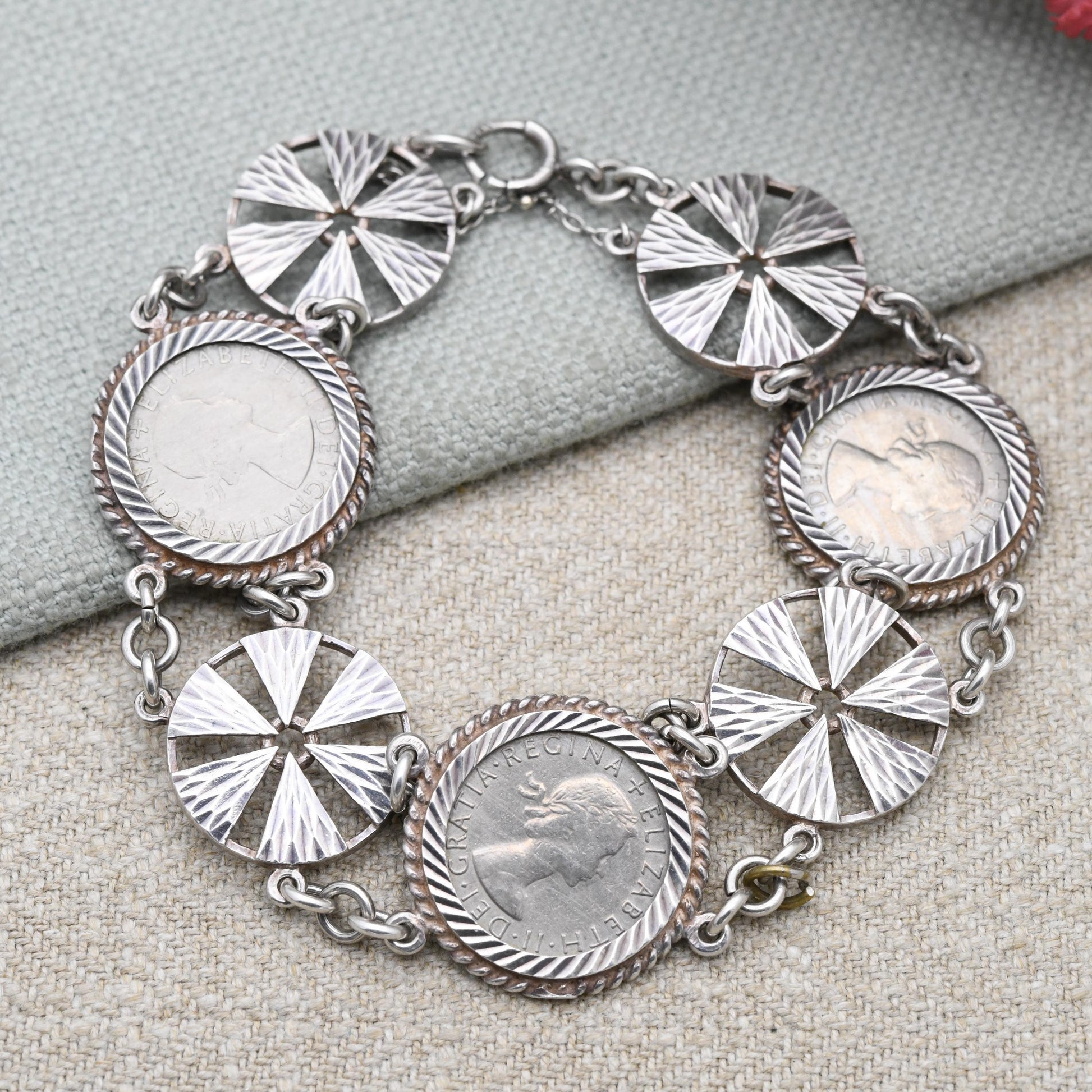 Vintage Sterling Silver Sixpence Coin and Textured Circular Disk Bracelet - Elizabeth II 1960s | Silver Coin Jewellery | Spring Ring Clasp