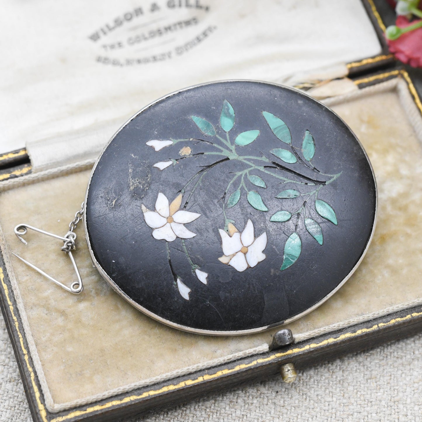 Antique Victorian Pietra Dura Floral Brooch c. 1880s - Gemstone Inlay Including Malachite in Hardstone | Large Pendant Brooch Fob