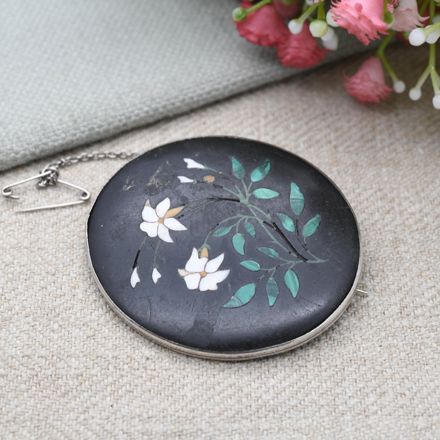 Antique Victorian Pietra Dura Floral Brooch c. 1880s - Gemstone Inlay Including Malachite in Hardstone | Large Pendant Brooch Fob