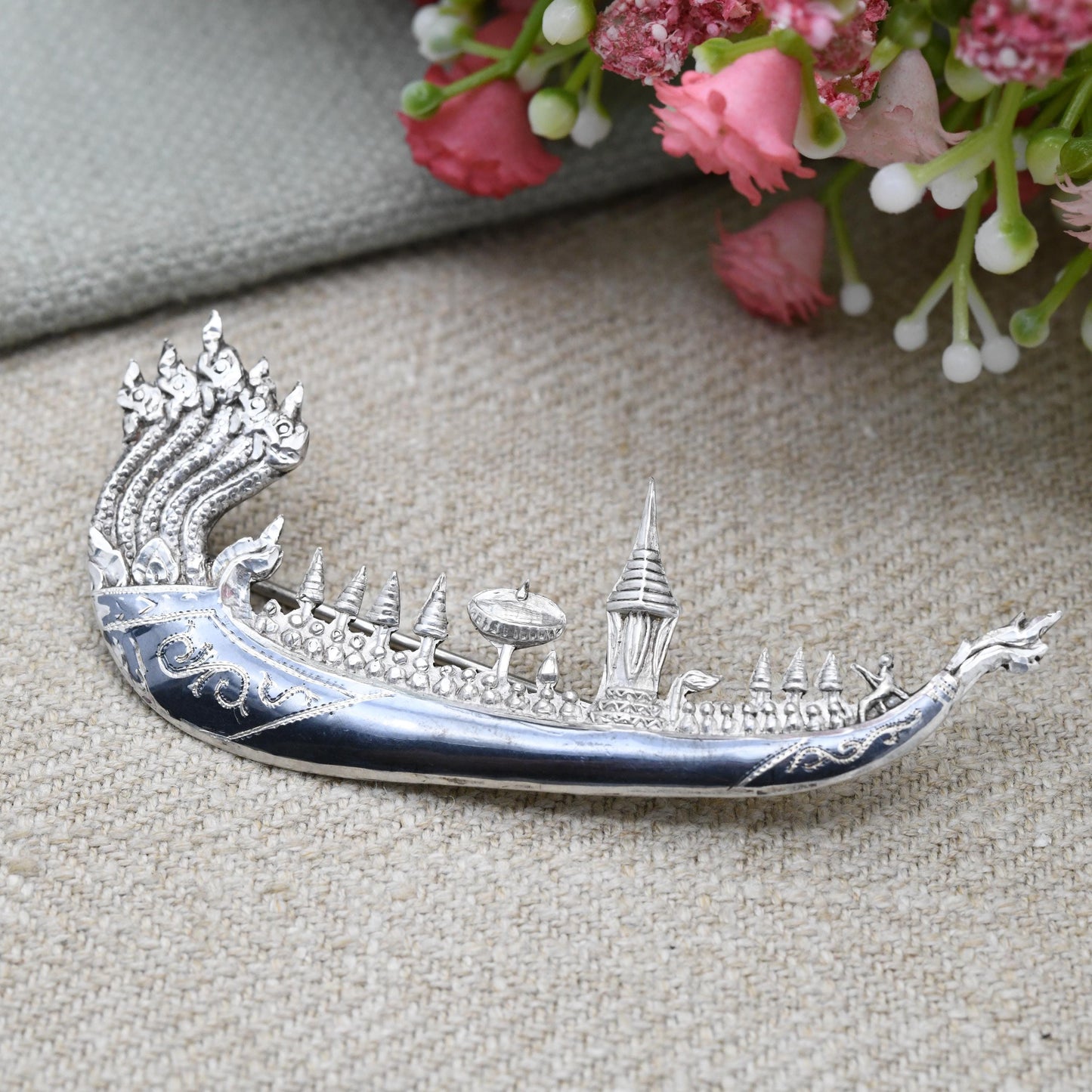 Vintage Sterling Silver Siam Longship Brooch Dragon Figurehead Boat - Traditional Black Niello | Vintage Thailand Silver Figural Brooch