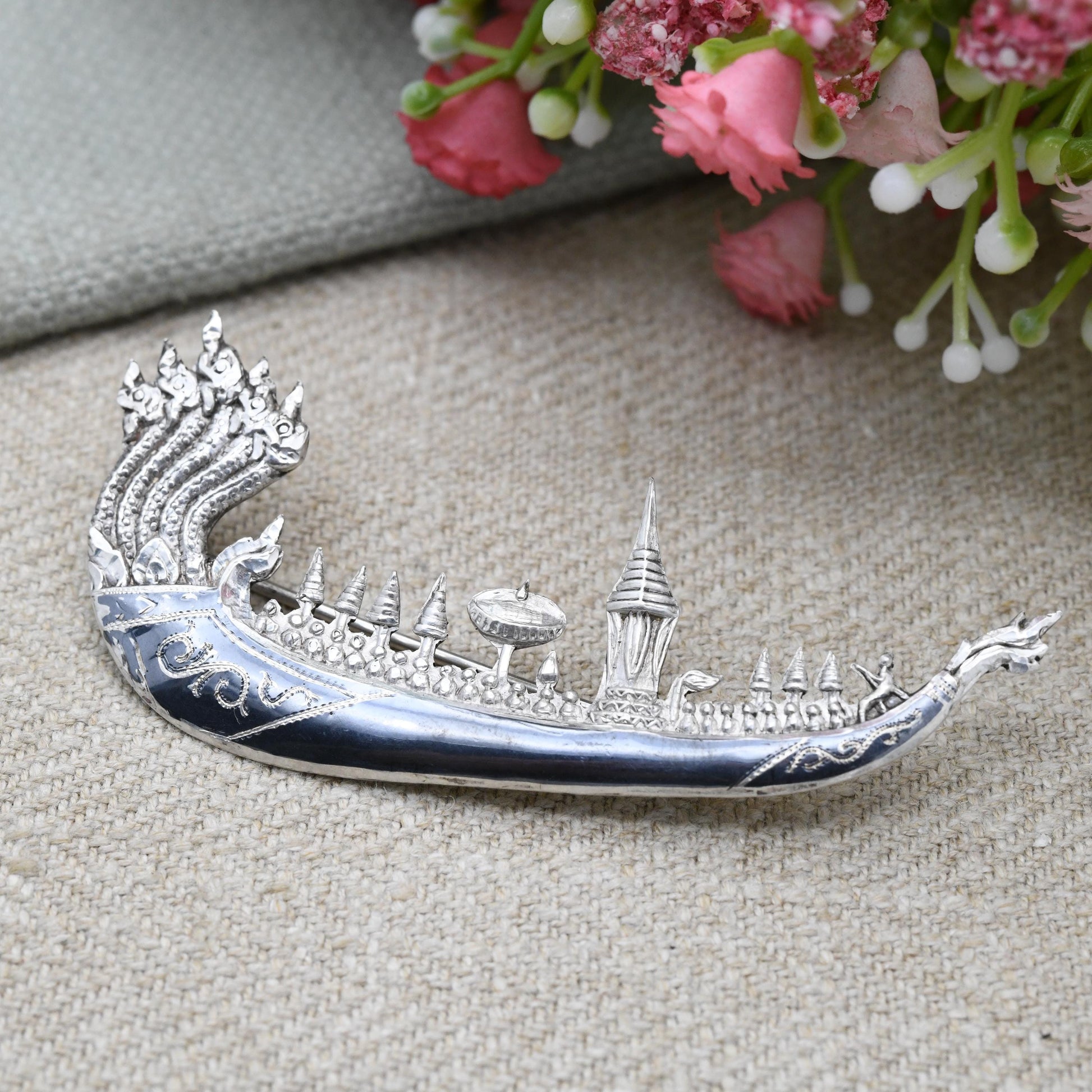 Vintage Sterling Silver Siam Longship Brooch Dragon Figurehead Boat - Traditional Black Niello | Vintage Thailand Silver Figural Brooch
