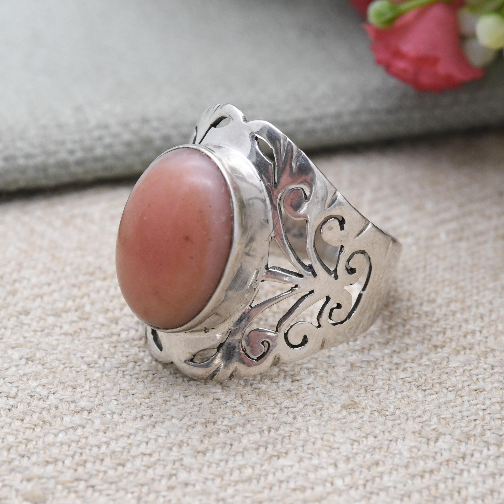 Vintage Sterling Silver Pink Cabochon Gemstone Ring - Chunky Scrolling Openwork | UK Size - T 1/2 | US Size - 9 3/4
