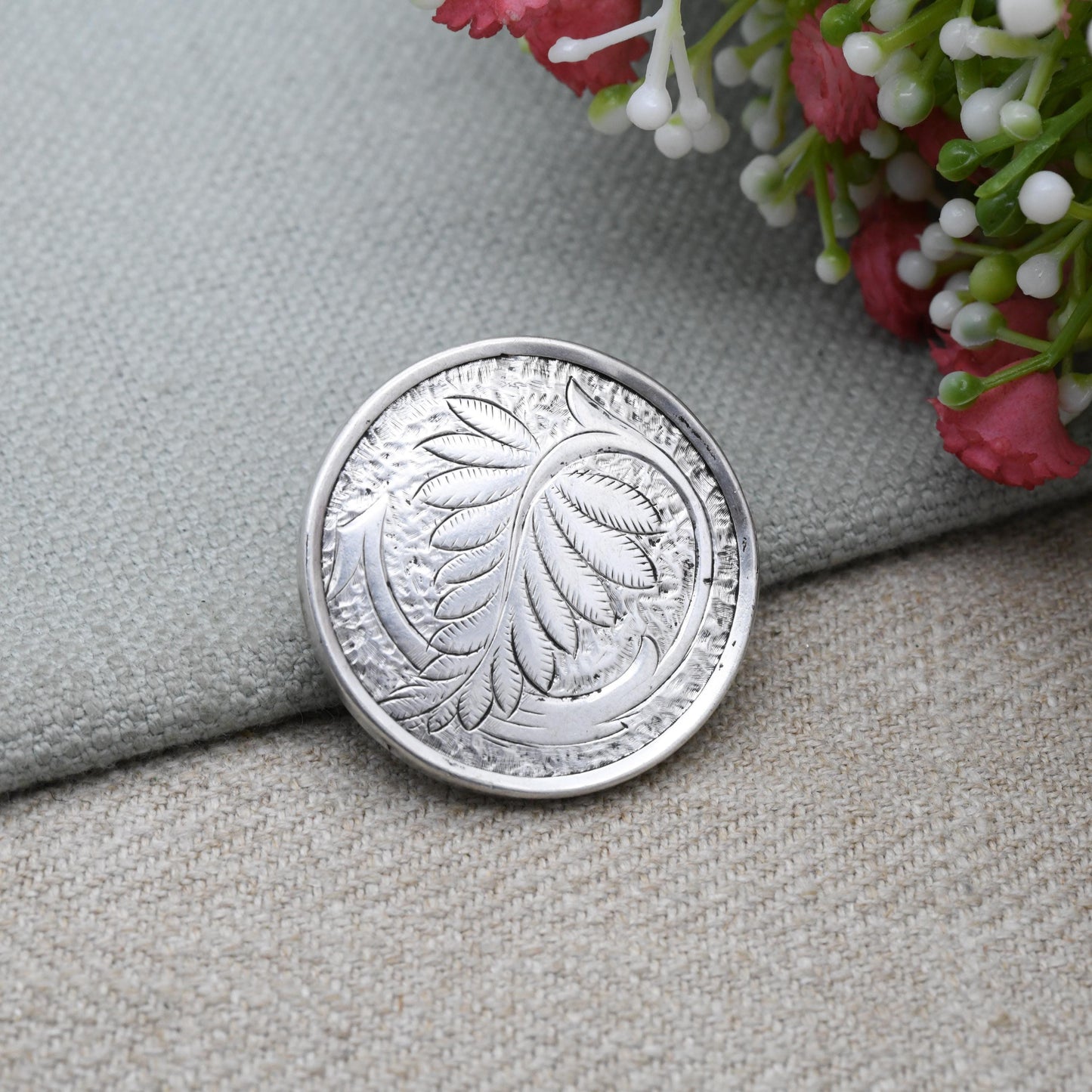 Antique Victorian Sterling Silver Aesthetic Movement Leaf Brooch c. 1890s - Engraved Floral Design Nature Brooch | Real Silver Rising Sun